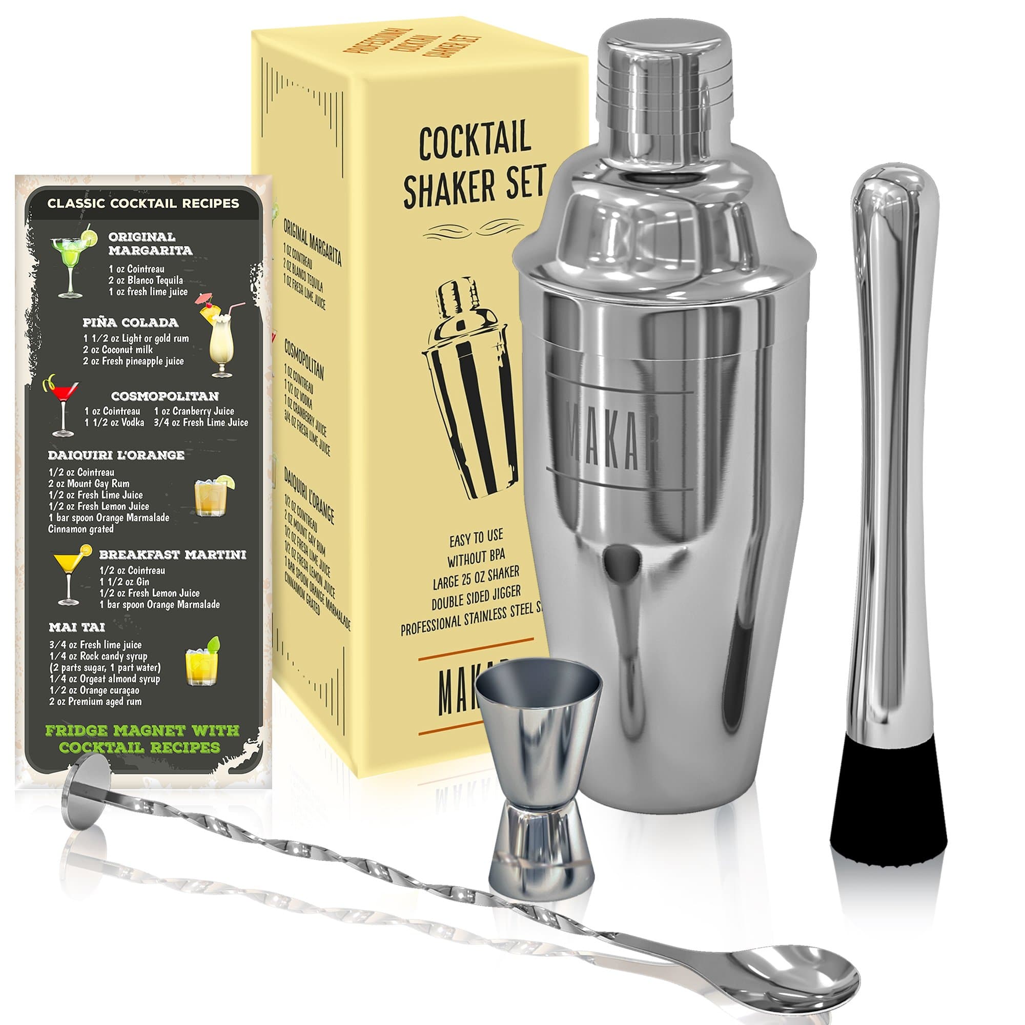 Cocktail Shaker Martini Set - Bartender Kit with Martini Shaker - Premium Cocktail Shaker Set - 24 ounce Drink Shaker Set - Cocktail Kit in a Gift Box - 4 Piece Mixology Set