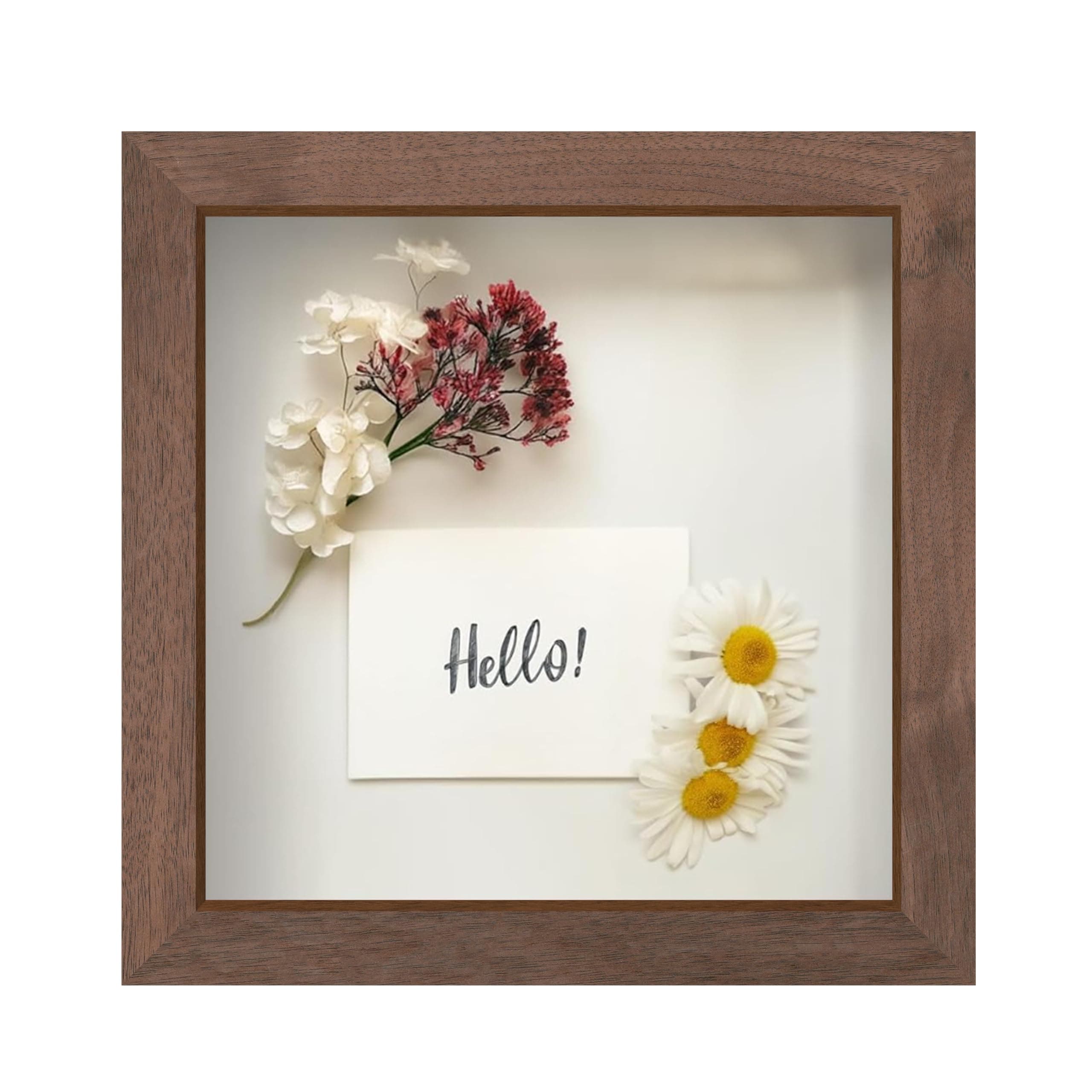 FrameWorks 8” x 8” Dark Oak Wooden Shadow Box Frame – Display Case with Soft Felt Back, Memory Box with Tempered Glass, Display Box with Elegant White Ball Push Pins, Wooden Flower Box