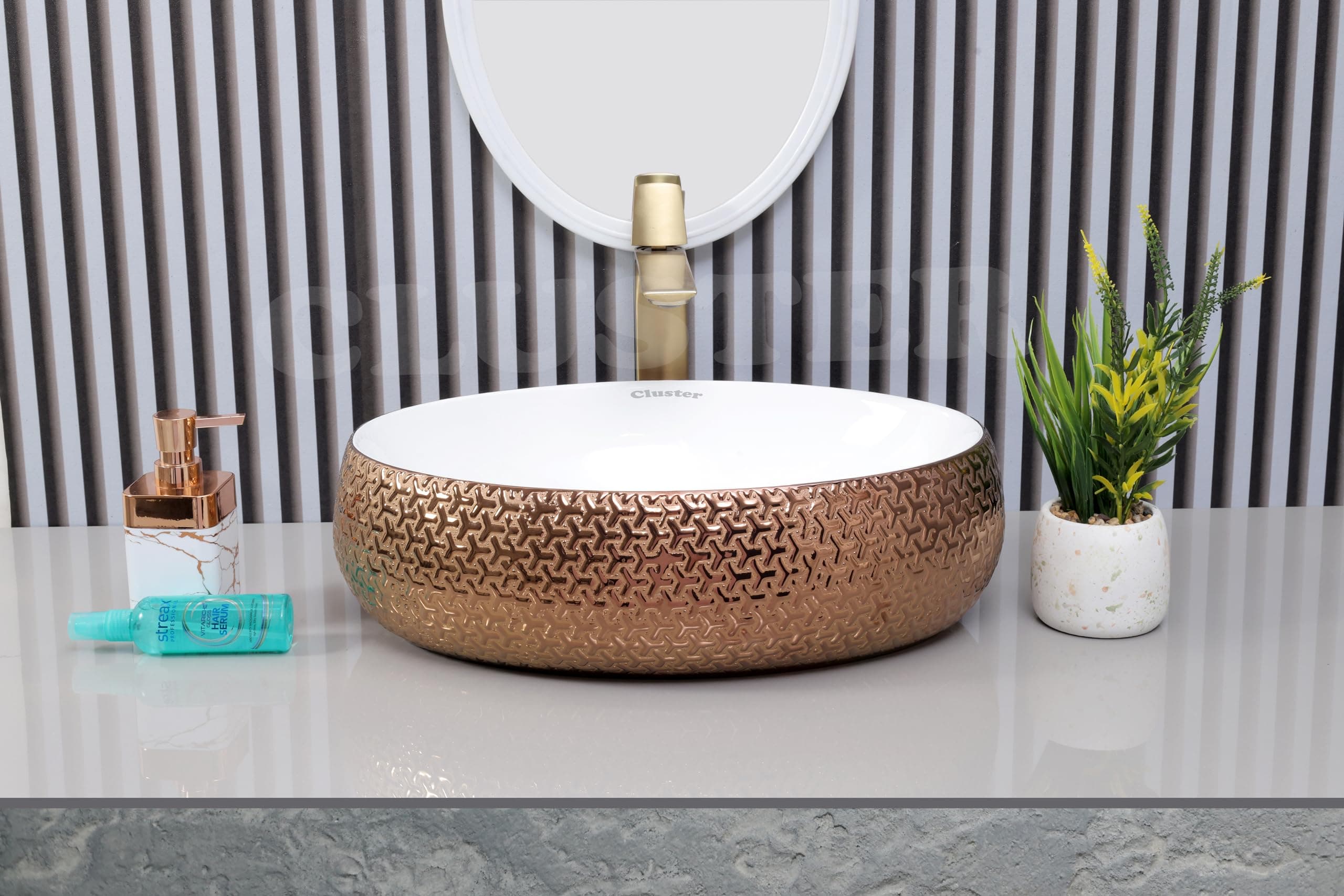 CLUSTER Designer Glossy Ceramic Table Top | Wash Basin For Bathroom And Livingroom And Resturant Decor, White And Rose Gold, Oval, 600x400x150mm
