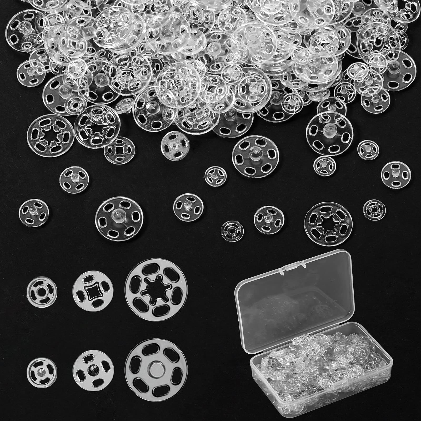 150 Sets Plastic Snap Fasteners Buttons Invisible Sewing on Snap Buttons 7.5 mm 10 mm 15 mm Round Clear Press Button Transparent Sew-on Button with Storage Box for Shirts Clothing DIY Craft Baby Bibs