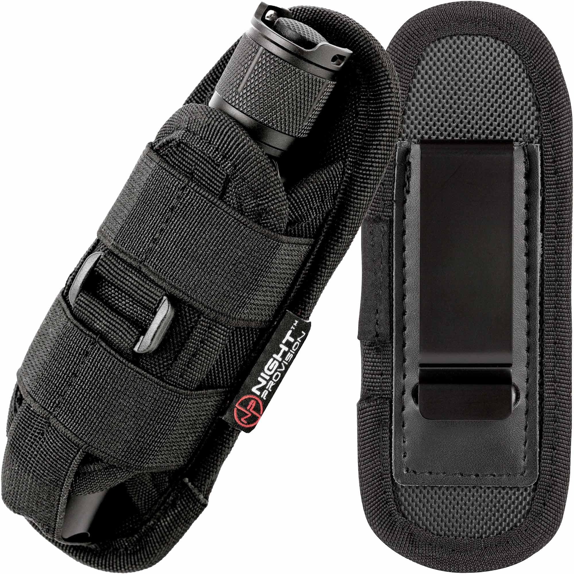 TH2C Tactical Flashlight Holster Closed-end Duty Belt Pouch Stretchable Rotatable Clip 360 Degree Holder for Police Military Security Belt, Black / Closed-end