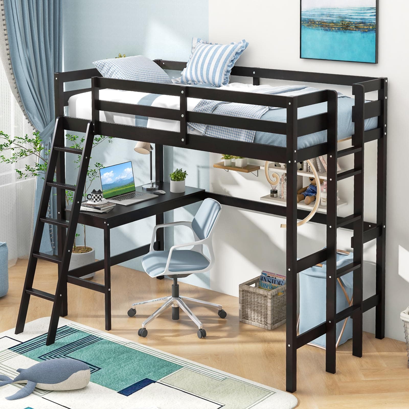 Giantex Twin Size Loft Bed with Desk, Solid Wood Loft Bed with 2 Ladders & Full Length Guardrail, Modern Space-Saving Twin Bed Frame for Kids Teens Adults, No Box Spring Needed (Black)