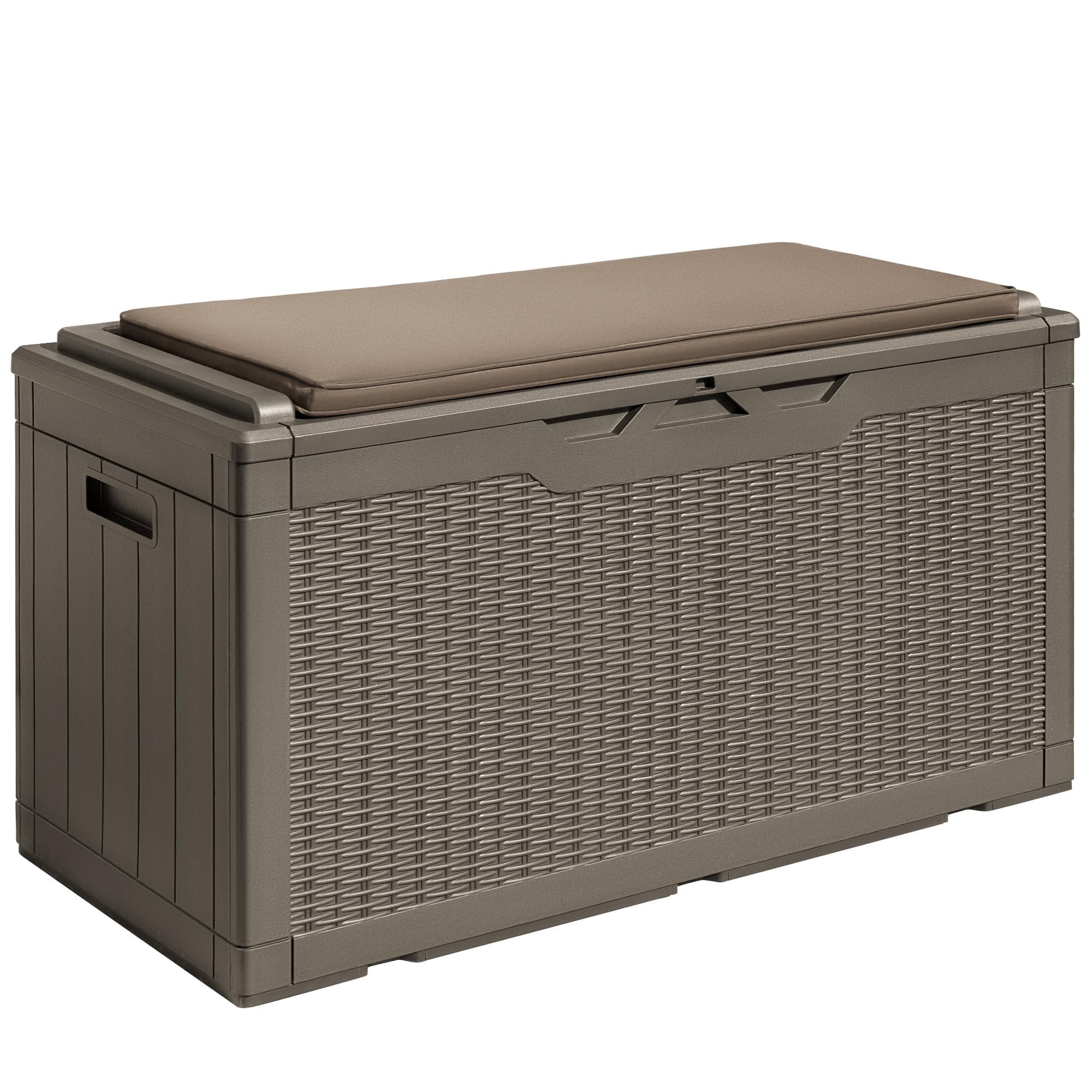 Devoko 100 Gallon Waterproof Large Resin Deck Box Outdoor Storage Box Indoor Lockable Storage Container with Cushion for Patio Furniture Garden Pool Cushions (Light Brown)