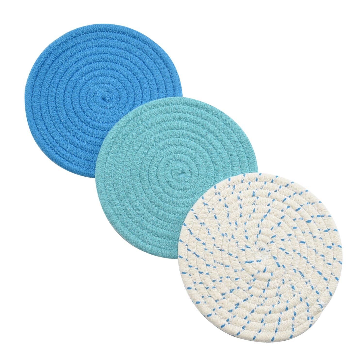 Kitchen Pot Holders Set Trivets Set 100% Pure Cotton Thread Weave Hot Pot Holders Set (Set of 3) Stylish Coasters, Hot Pads, Hot Mats, Spoon Rest for Cooking and Baking by Diameter 7 Inches (Blue)