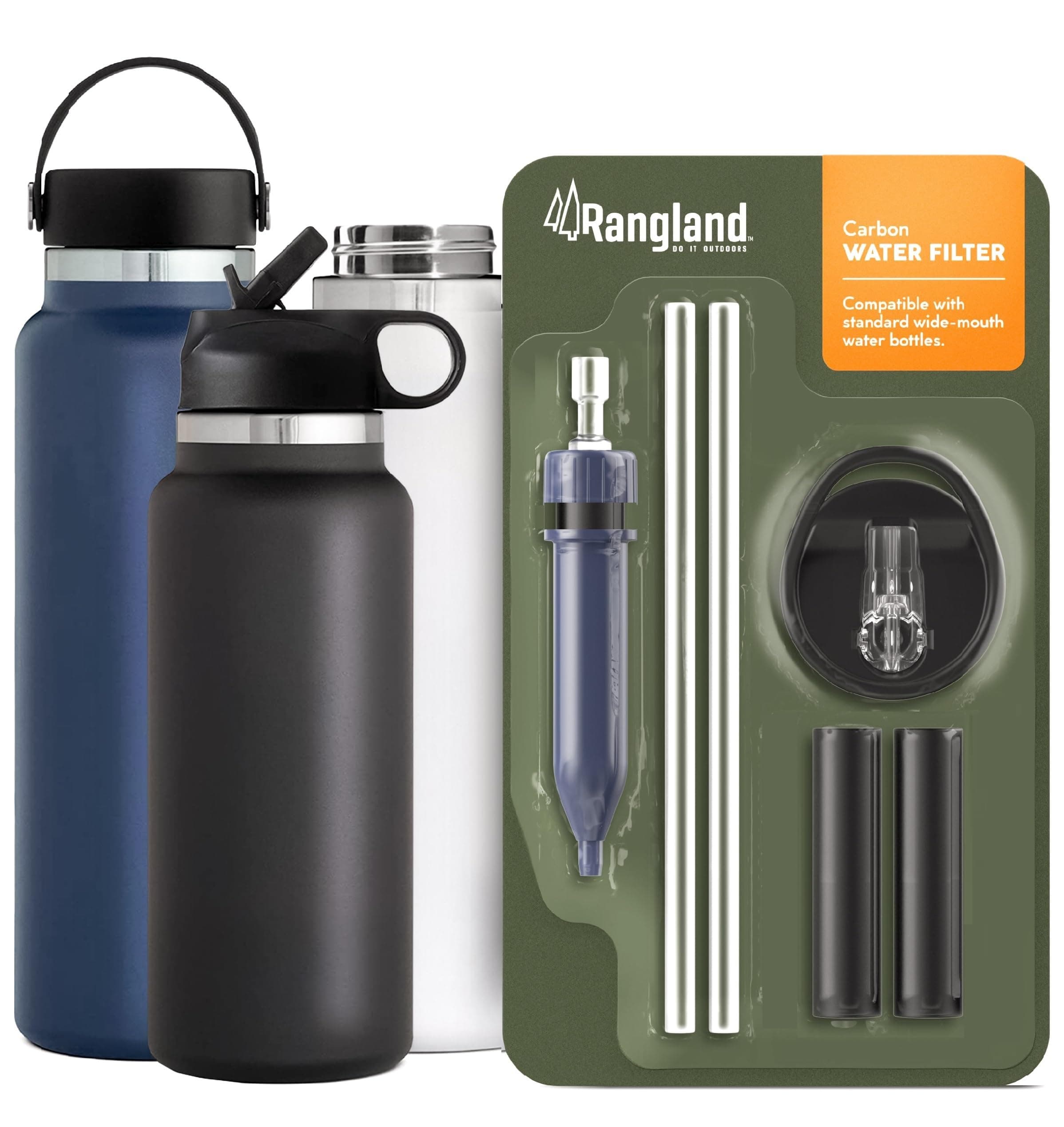 Wide Mouth Water Bottle Replacement Lid with 2 Straws and Inline Filter for HydroFlask, ThermoFlask and IronFlask (3 Carbon Activated Filters) Sport Cap Top with Handle