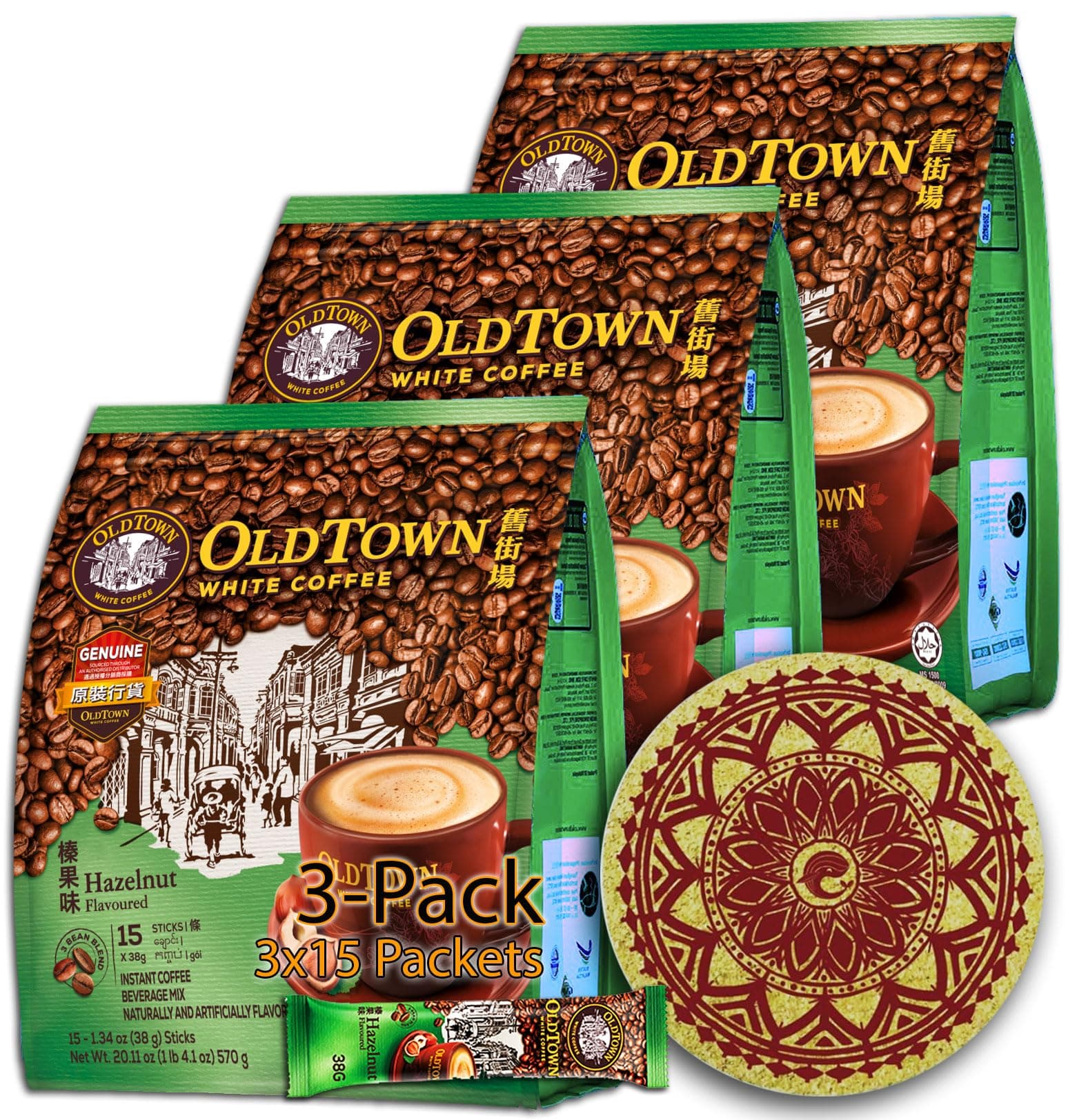 OLD TOWN (3 Pack - Hazelnut) Instant Coffee, 45 Packets (16 Ounce, 3 in 1, Eco Friendly Cork Coaster, Mildly Sweet, Caffeinated, Medium Roast, Vegetarian, No Artificial Flavors)