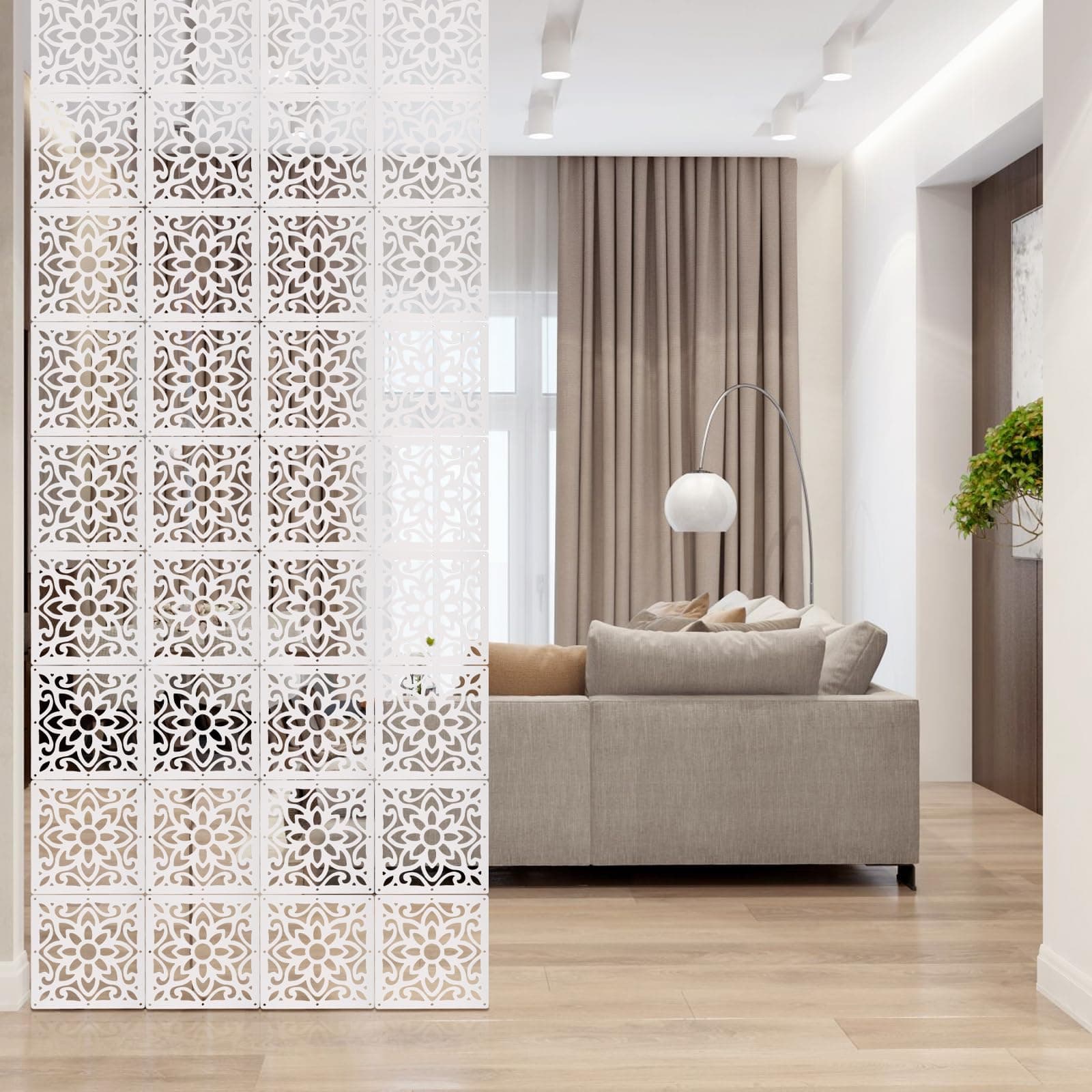 ANMINY 36 PCS Hanging Room Divider Decorative Thick Wall Screen Panels Floral Carving Pattern Hollow Out Design for Bedroom Living Dining Room Kitchen Office Restaurant Home Hotel Decor - White Flower