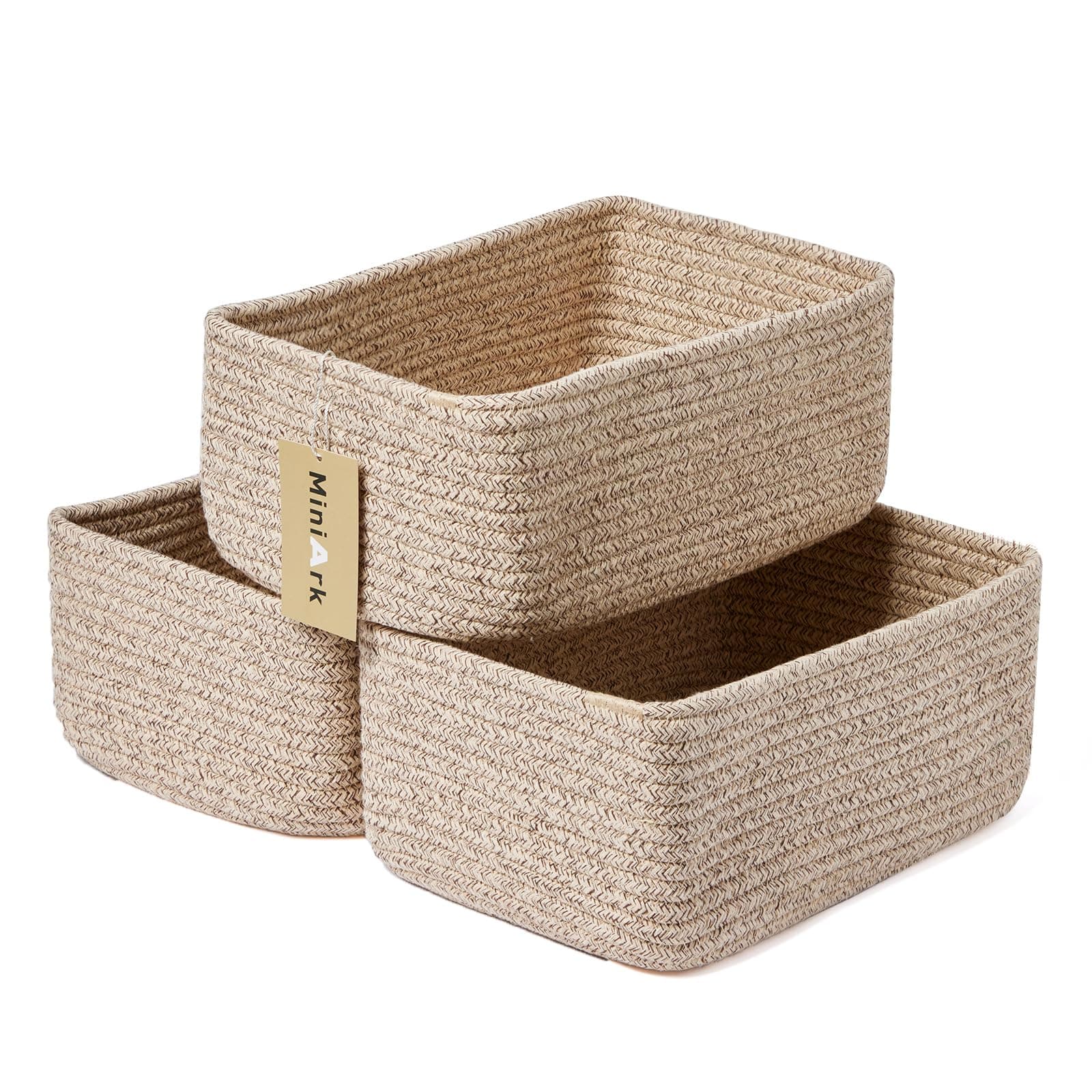 Shelf Storage Baskets for Organizing | Closet Organizer Bins | Small Baskets | Toy Basket | Cube Decorative Box | Shallow Basket | Woven Rope Basket | 11.5×7.5×4.7” | 3 Packs Mixed Brown