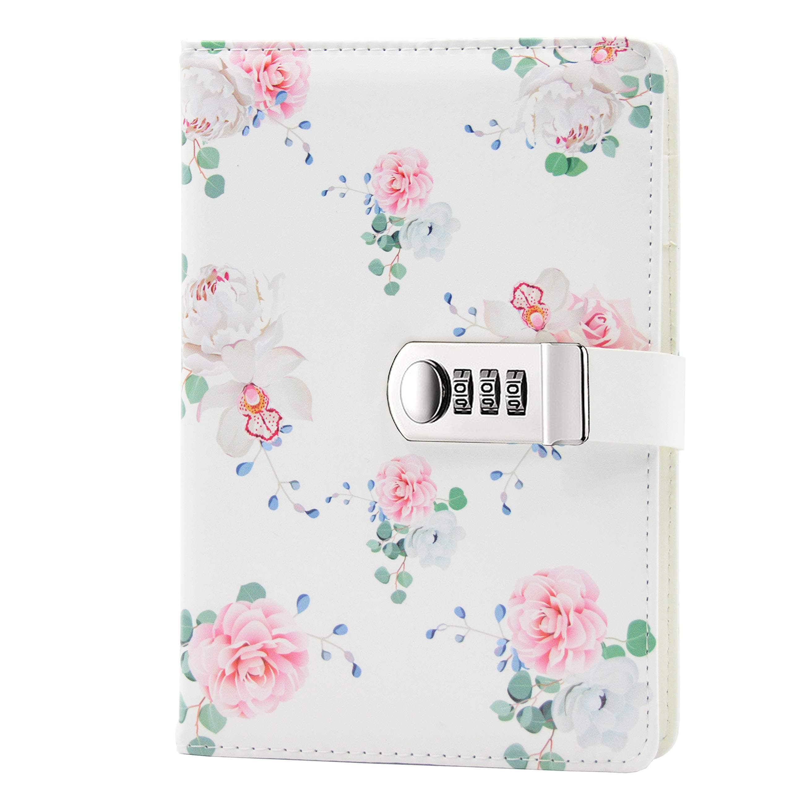 Lirener Creative PU Leather Password Lock Notebook(Bird, Flower, Butterfly, Trees), A5 Diary Journal Sketchbook Daily Planner Agenda Notepad with Combination Lock Pen Holder and Card Slots, 150x215mm