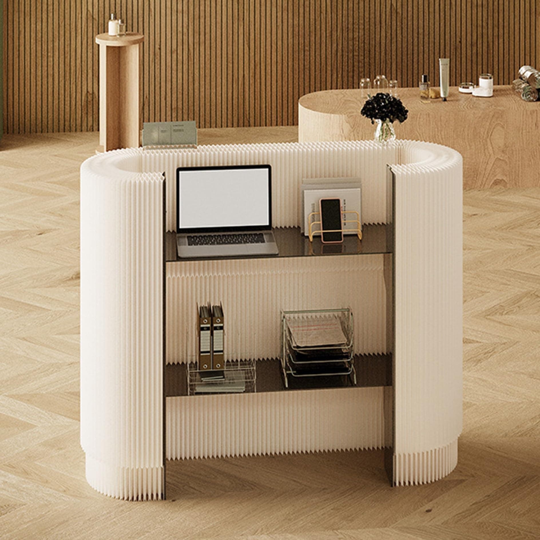 Modern Reception Desk,Retail Checkout Counter Desk Receptionist Table,Front Office Desk,Curved Portable Check Out Stand for Craft Shows,Display Rack,for Small Spaces,Bar,Store,Hotel,Lobby(White)