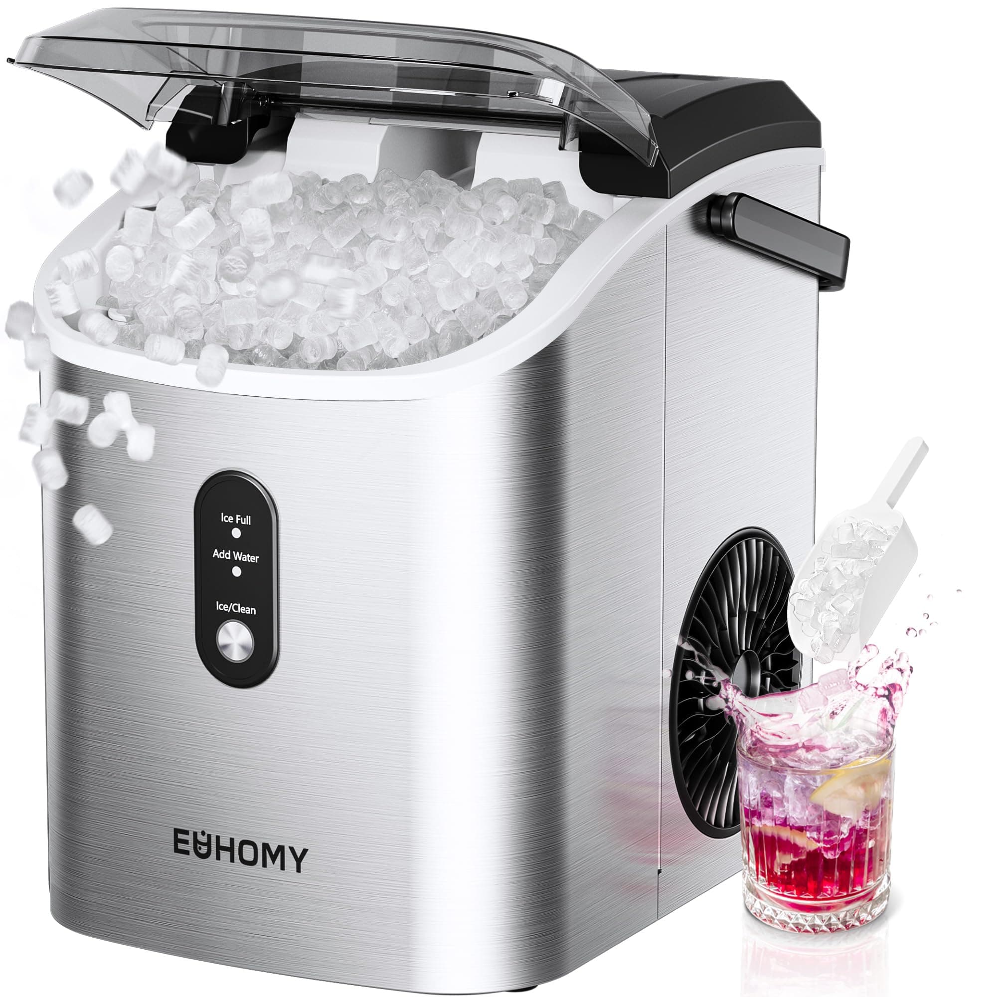 Nugget Ice Maker Countertop with Handle, Ready in 6 Mins, 34lbs Per Day, Removable Top Cover, Auto-Cleaning, Portable Sonic Ice Maker with Basket and Scoop, for Home/Party/RV/Camping (Silver)