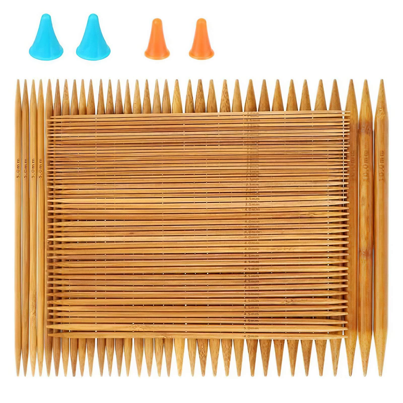 Double Pointed , 75 Pcs Bamboo Knitting Needles Set, 15 Sizes from 2.0mm-10.0mm(8 Inches Length)+ 4Pcs Knitting Needles Point Protectors