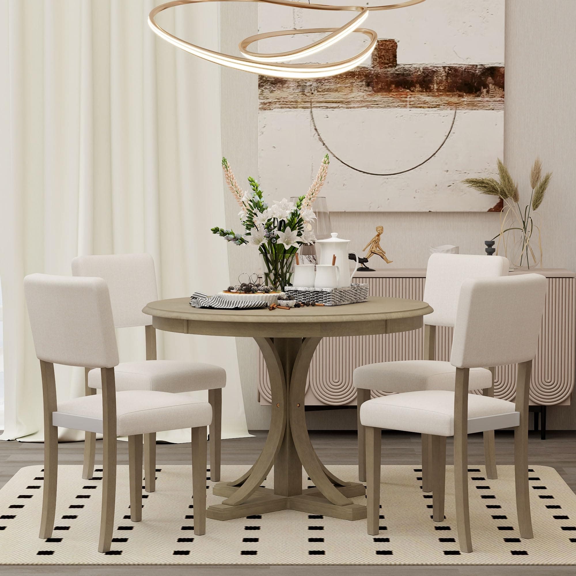 Merax 5-Piece Retro Round Dining Table Set with Curved Trestle Style Legs and 4 Upholstered Chairs, Kitchen Furniture, Taupe