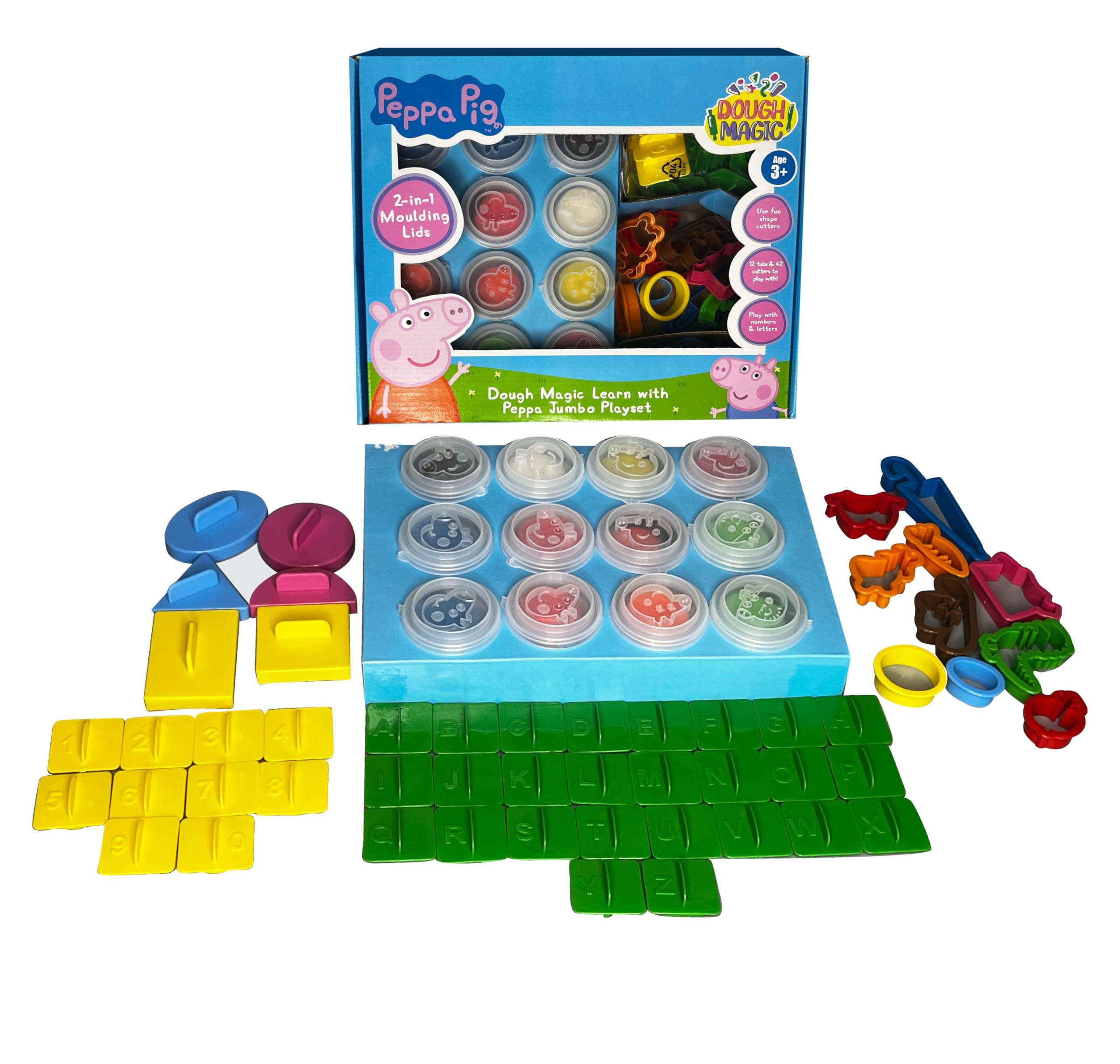 Learn with Peppa Jumbo Playset|Play Set with 2-in-1 Moulding Lid|Roleplay Set with 12xDough Tubs 26xAlphabet &10xNumber Cutters 6xShape Cutters|Non-Toxic|for Kids 3+|Made in India