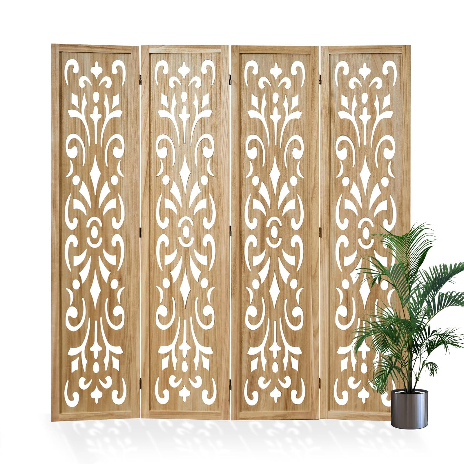 5.6Ft Room Divider Folding Wood Classical Carved Partition Screen for Home Office Garden - 4 Panels (Natural)