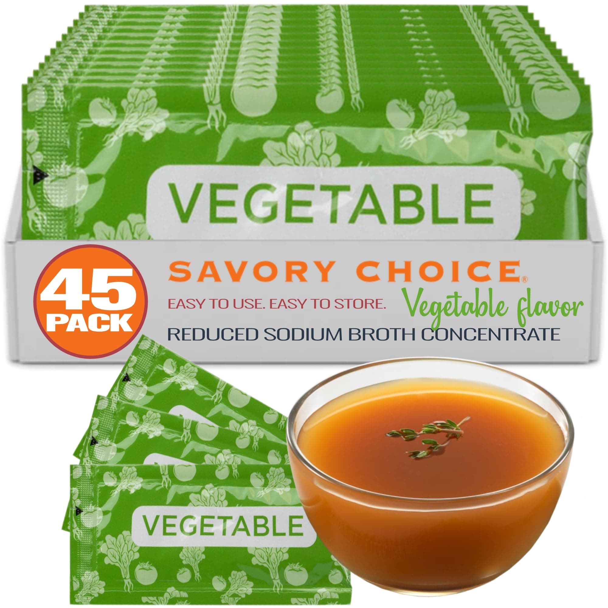 SAVORY CHOICE Reduced Sodium Vegetable Broth Concentrate, 45 Packets (9.6g) - Vegan, Vegetarian, Gluten-Free, Diary-Free Broth Concentrate