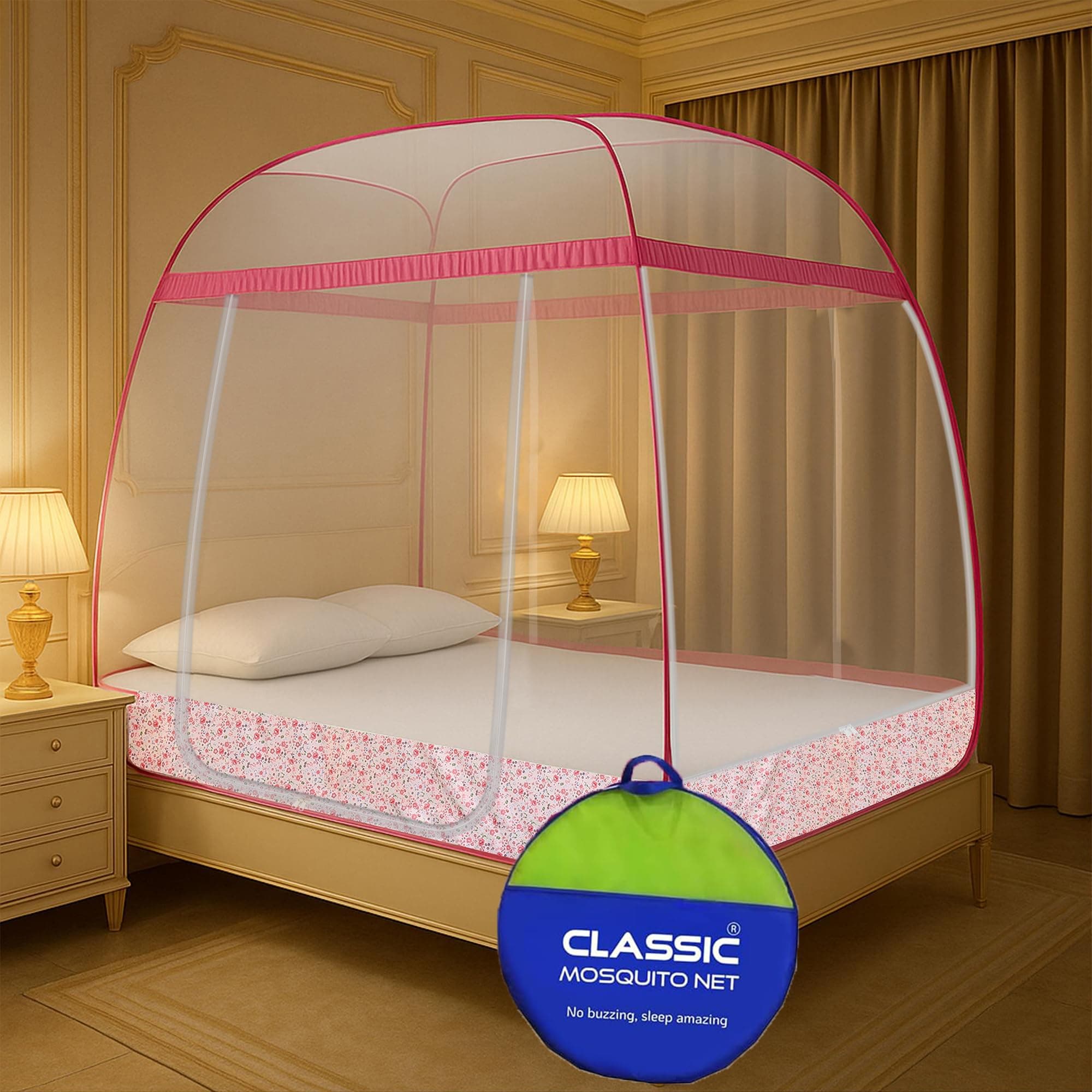 Classic Mosquito Net for Double Bed Supreme King Size Bed,Foldable Machardani with 3 Side Zipper Opening Doors & Mobile Pocket,Strong 30GSM Polyester Net, PVC Coated Steel Wire -Pink