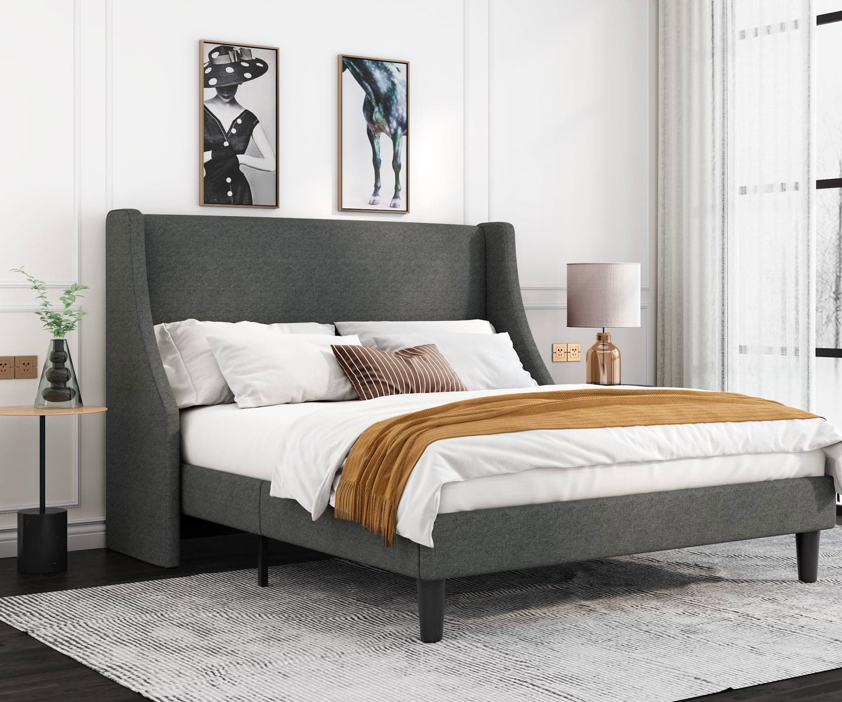 Allewie Platform Bed Frame Full Size with Upholstered Headboard – Modern Deluxe Wingback Design, Wood Slat Support, Light Grey