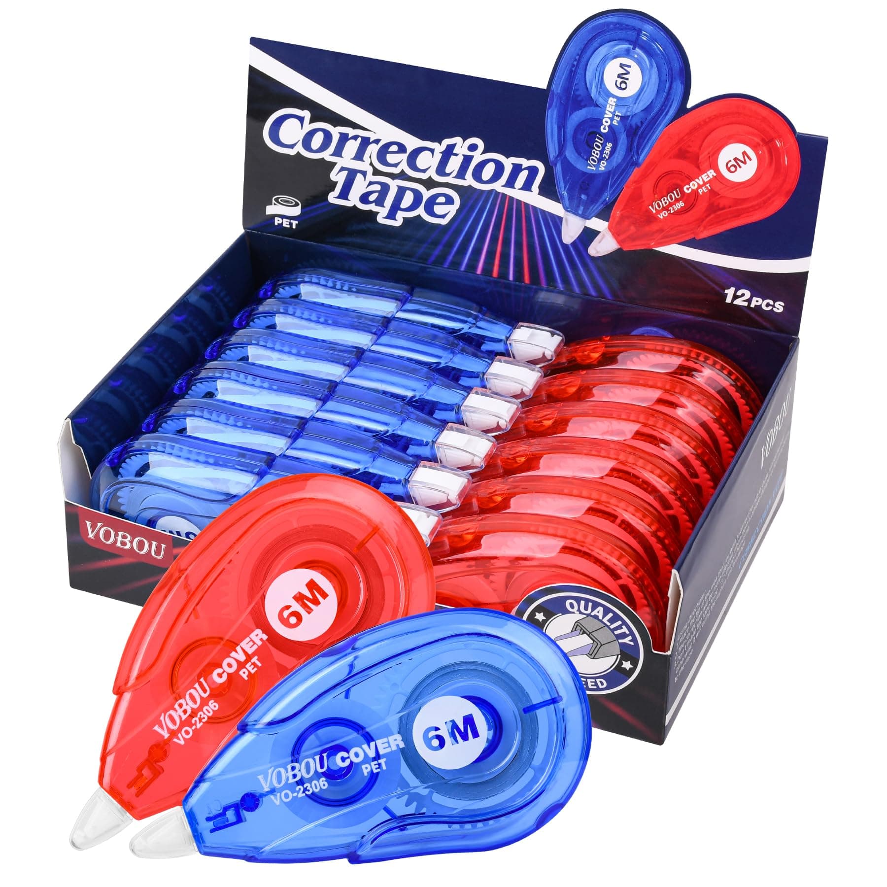 Vobou White Correction Tape, Easy To Use Applicator for Instant Corrections Wrong Writing At Any Time, For school, Office (Red and Blue, 12pack, 6M/256" x 0.2")