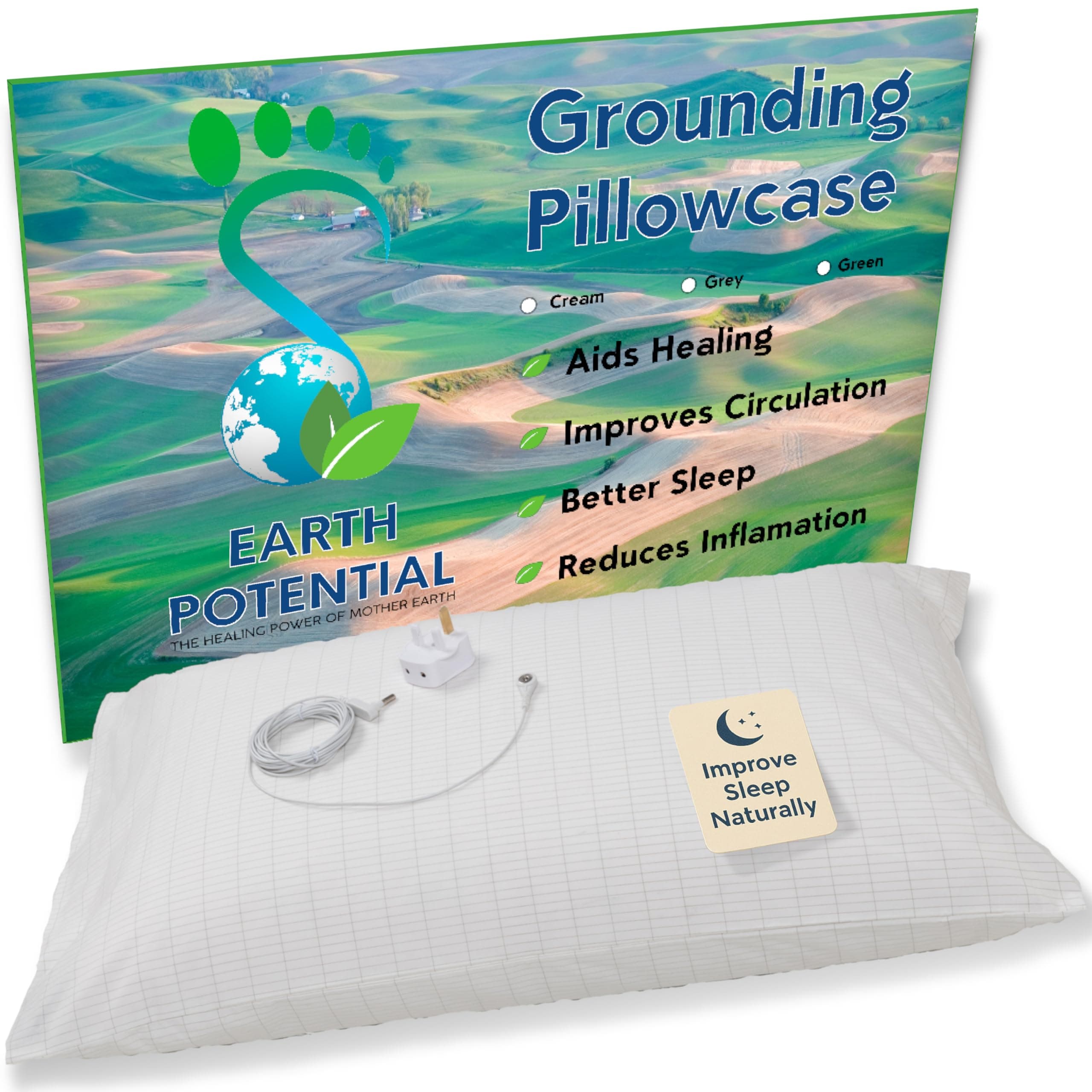 Earthing Grounding Pillowcase – made from 95% cotton and 5% soft silver thread to fit a standard UK pillow - supplied complete with a 5m cable and UK double outlet grounding plug, by Earth Potential