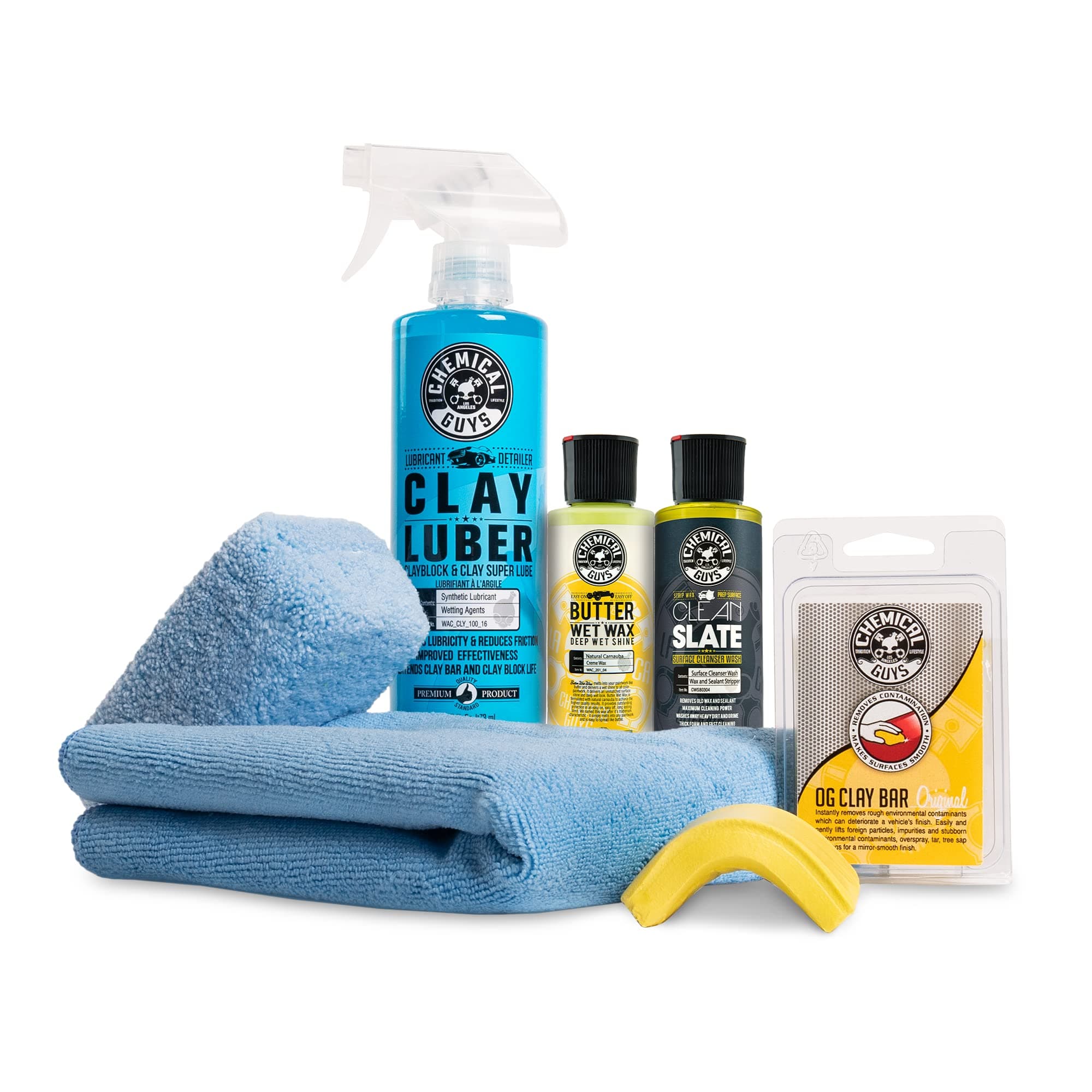 Chemical Guys Clay Bar Kit - Complete System - Clay Bar and Luber Combo with Accessories for Smooth Paint Finish - Removes Embedded Dirt, Overspray, and Fallout - 6 Item Kit