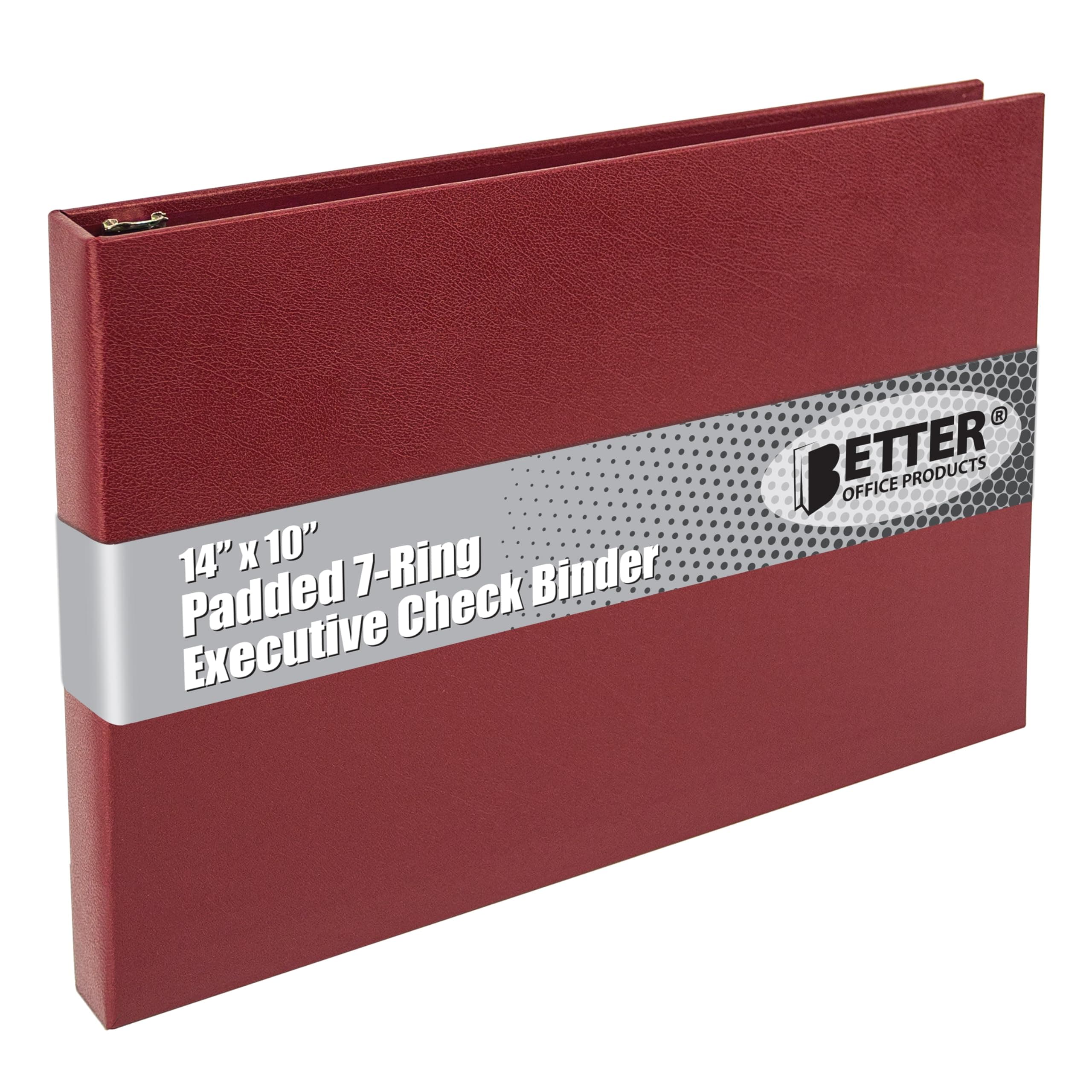 Better Office Products 7 Ring Executive Check Binder with Zipper Pouch, Padded Burgundy Textured Cover, for 9" x 13" 3 Per Page Business Checks, 600 Check Capacity Checkbook Holder