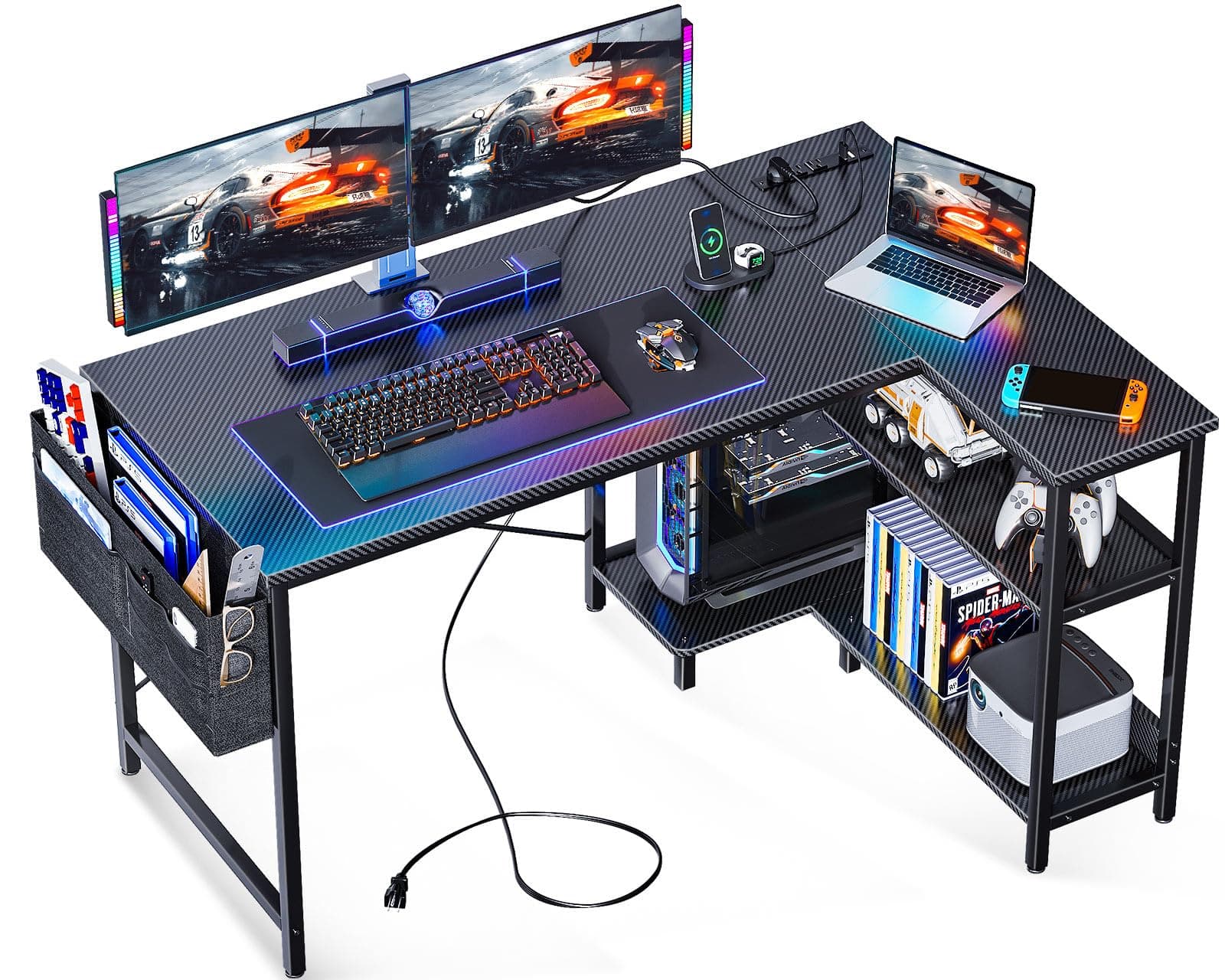 ODK 48 Inch Small L Shaped Gaming Computer Desk with Power Outlets, Corner Desk with Reversible Storage Shelves & PC Stand for Small Space, Modern Simple Home Office Table, Carbon Fiber Surface, Black