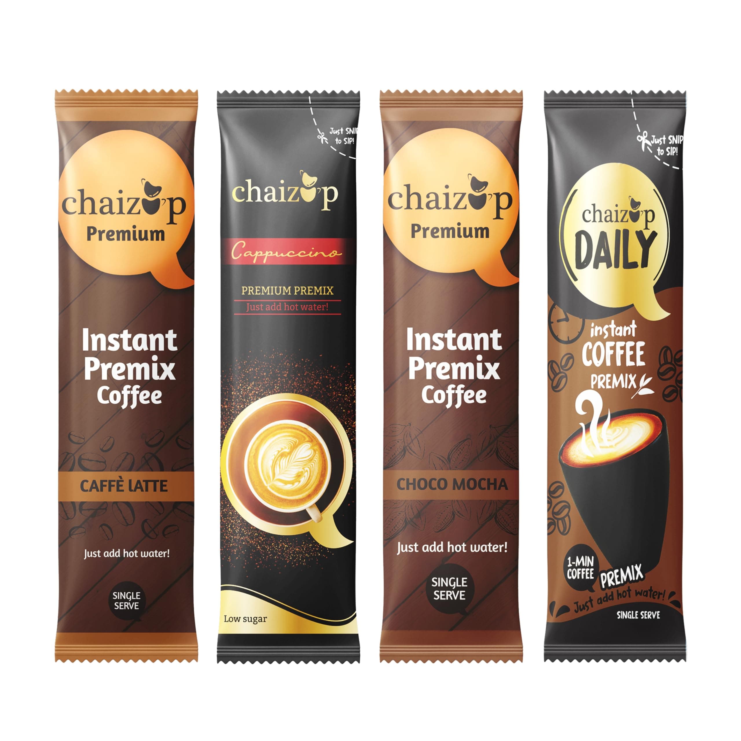 Chaizup Premium 1 Min Instant Assorted Coffee Pack - 32 Sachets | Caffe Latte, Coffee, Cappuccino & Choco Mocha Flavours | 32 Servings | 4 Packs (8 Sachets Each) | 480g