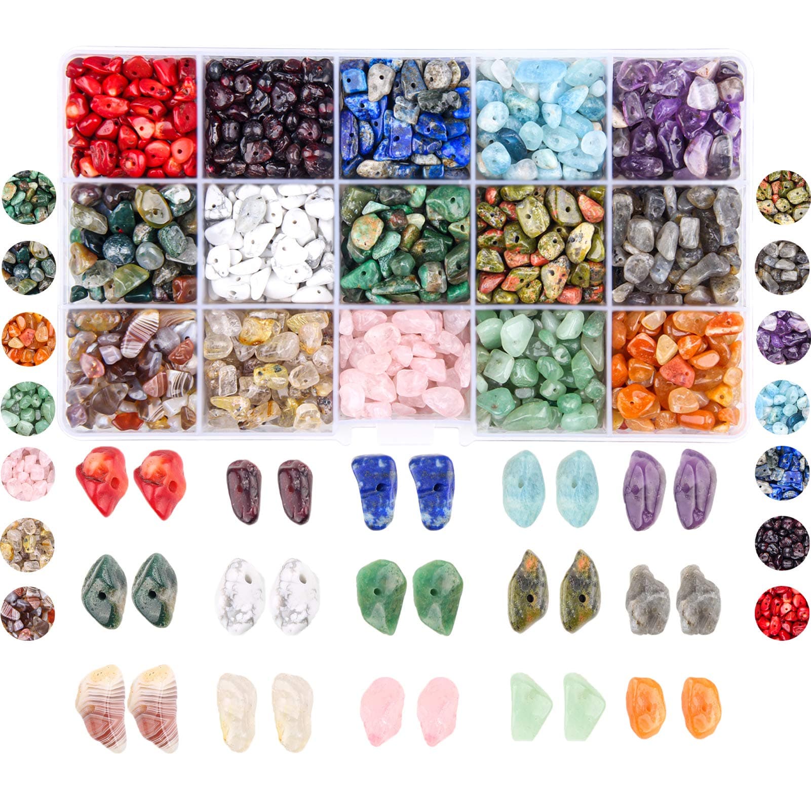 Colle 850PCS 5-8mm Gemstone Beads Crushed Irregular Chips Bead Set Natural Stone Healing Crystal Loose DIY Beads for Jewelry Making Necklace Bracelet Ring (15 Color)
