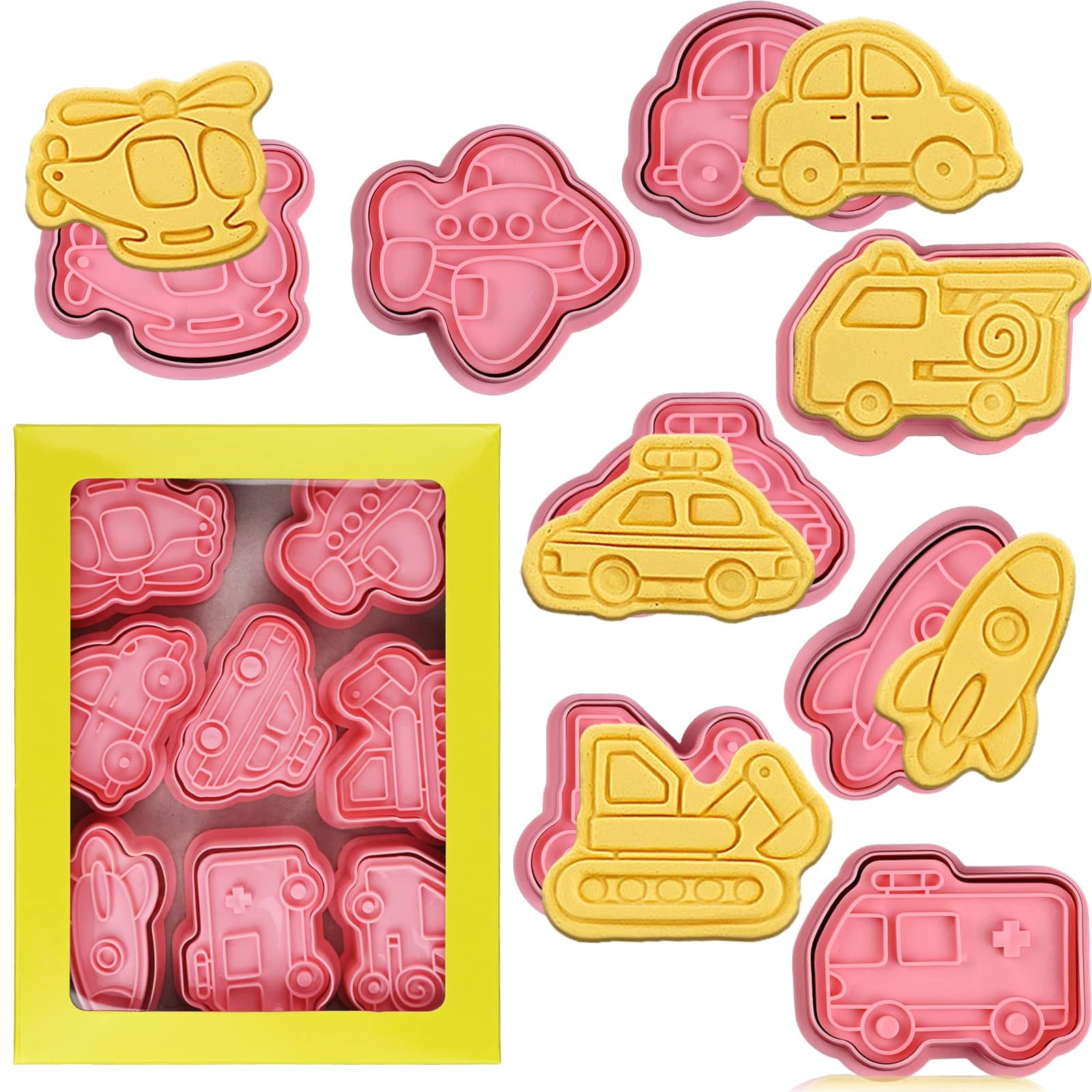 Transportation Vehicle Cookie Cutters With Plunger Stamper,8 Piece Transportation Theme Embossing Cutter For Fondant Biscuit Pastry Cheese Baking