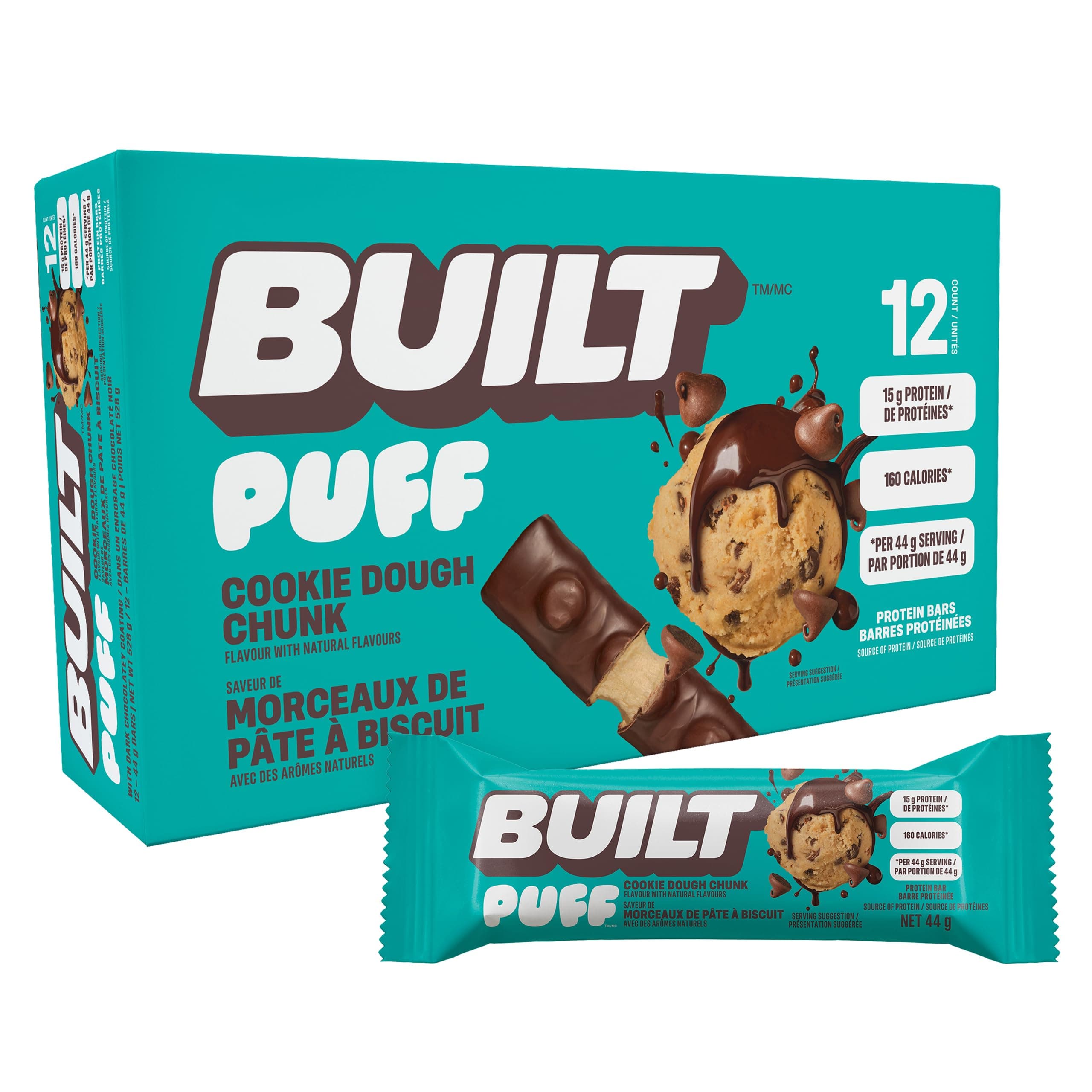 BUILT Bar Puff Protein Bars - Cookie Dough - 15g Protein Snack Bars with Collagen - Calorie Conscious, No Gluten Free - 12 Count