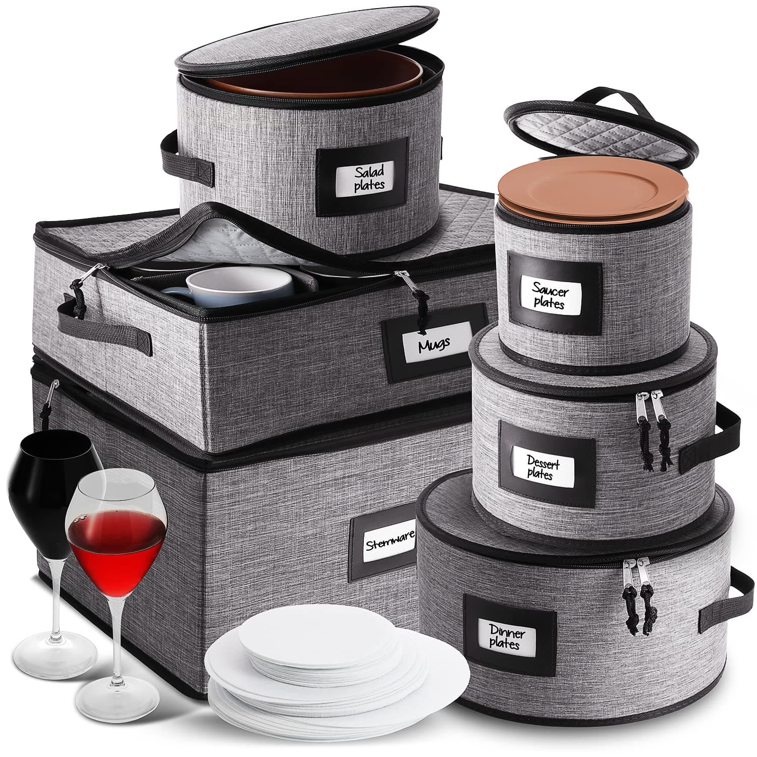 Fine China Storage Containers Hard Shell, 6 Piece Dish Storage Containers, Stackable Plate Storage Containers, Coffee Mug Storage and Wine Glass Storage Box with Dividers, Quilted Dish Organizers