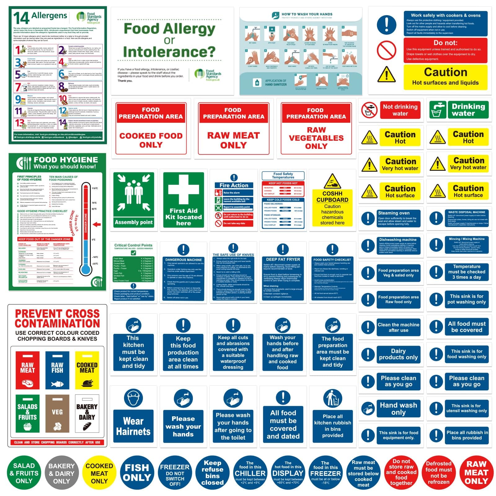 Complete Kitchen Safety Signs Set - 68 Pcs - Matte Self-Adhesive Vinyl Sticker, Waterproof and Oil-Proof - food hygiene stickers, Ensure Safety and Compliance in Commercial Kitchens