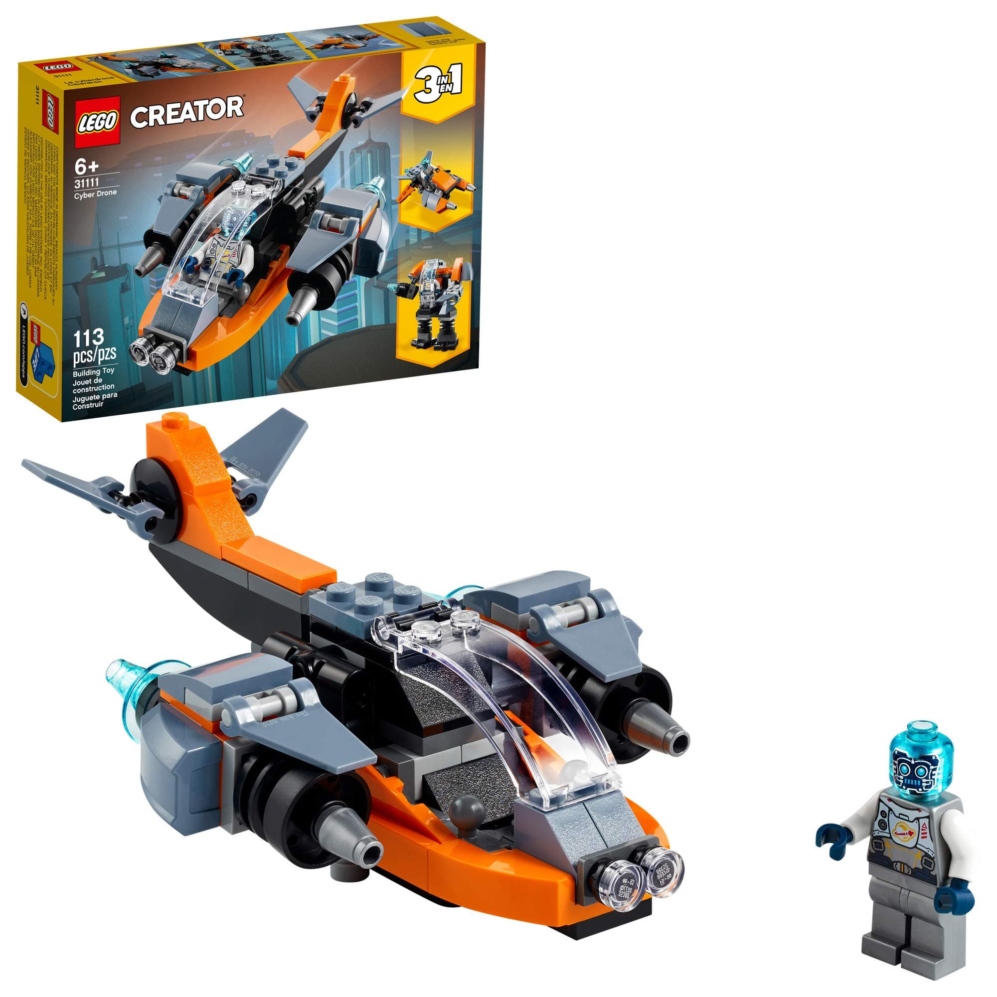 LEGO Creator 3 in 1 Cyber Drone Space Toys, Transforms from Drone to Cyber Mech or Cyber Scooter, Space Toy Building Set, Gift for 6 Plus Year Old Kids, Boys, and Girls, 31111