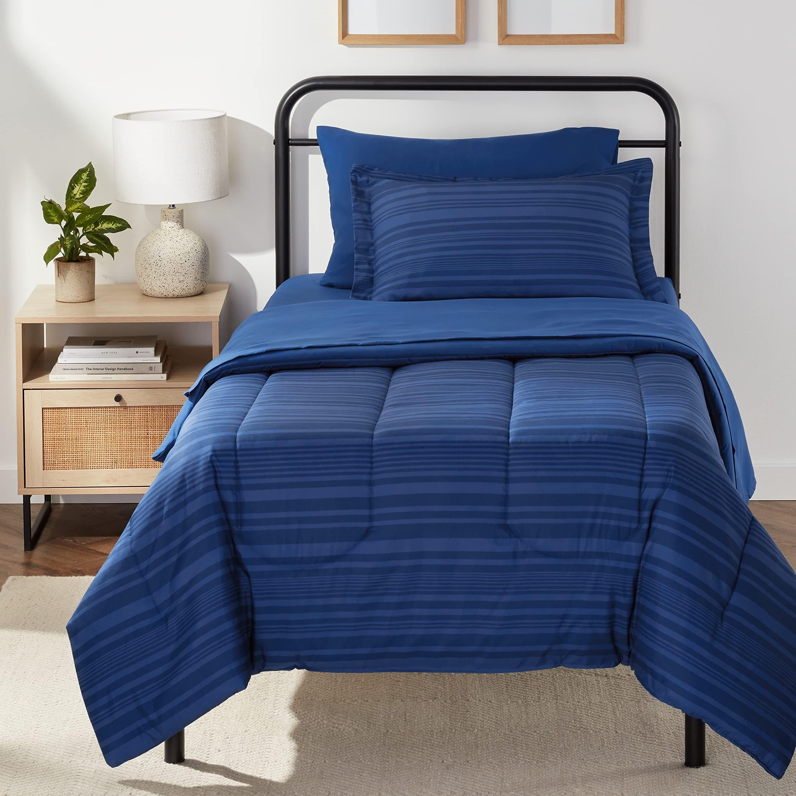 Twin/Twin XL Comforter Set with Sheets, 5-Piece Blue Calvin Striped Bedding, Lightweight Microfiber Bed-in-a-Bag