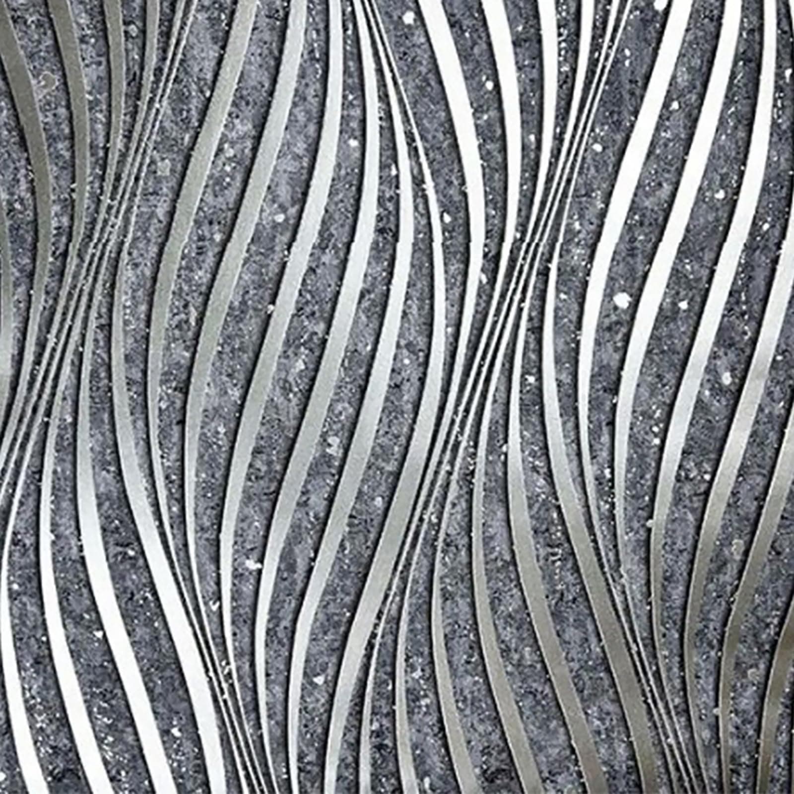 3D Wave Stripes Glitter Wallpaper Black Silver 9.5×0.53m,Embossed Roll for Living Room Bedroom Kitchen Front Room,Non Woven Fabric Wallpaper Luxury Modern Abstract