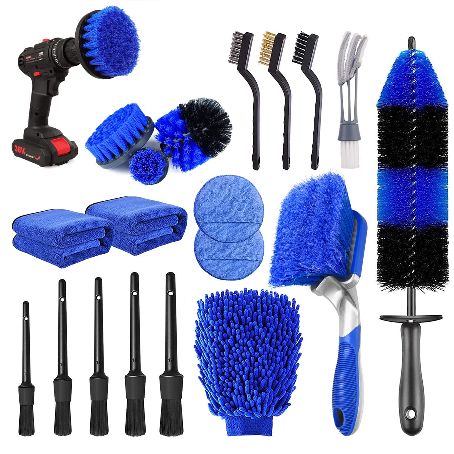 20Pcs Car Wheel Tire Detailing Brush Set,Car Detailing kit,Car Detailing Brushes,Auto Detailing Drill Brush Set,17" Long Handle Rim Wheel Brush,Tire Brush,Car Cleaning Kit for Wheels,Interior,Exterior