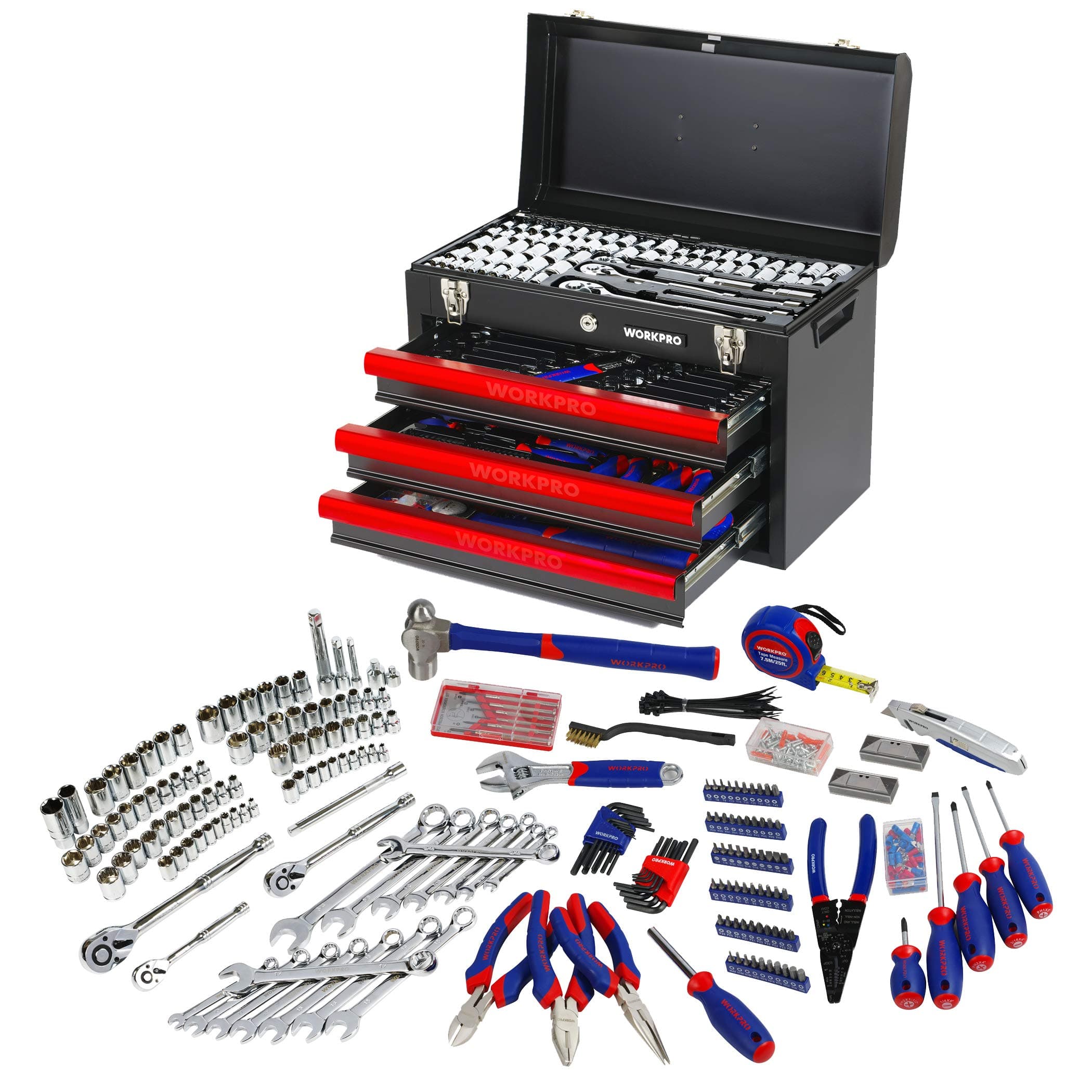 Workpro 408-Piece Mechanics Tool Set With 3-Drawer Heavy Duty Metal Box, W009044A