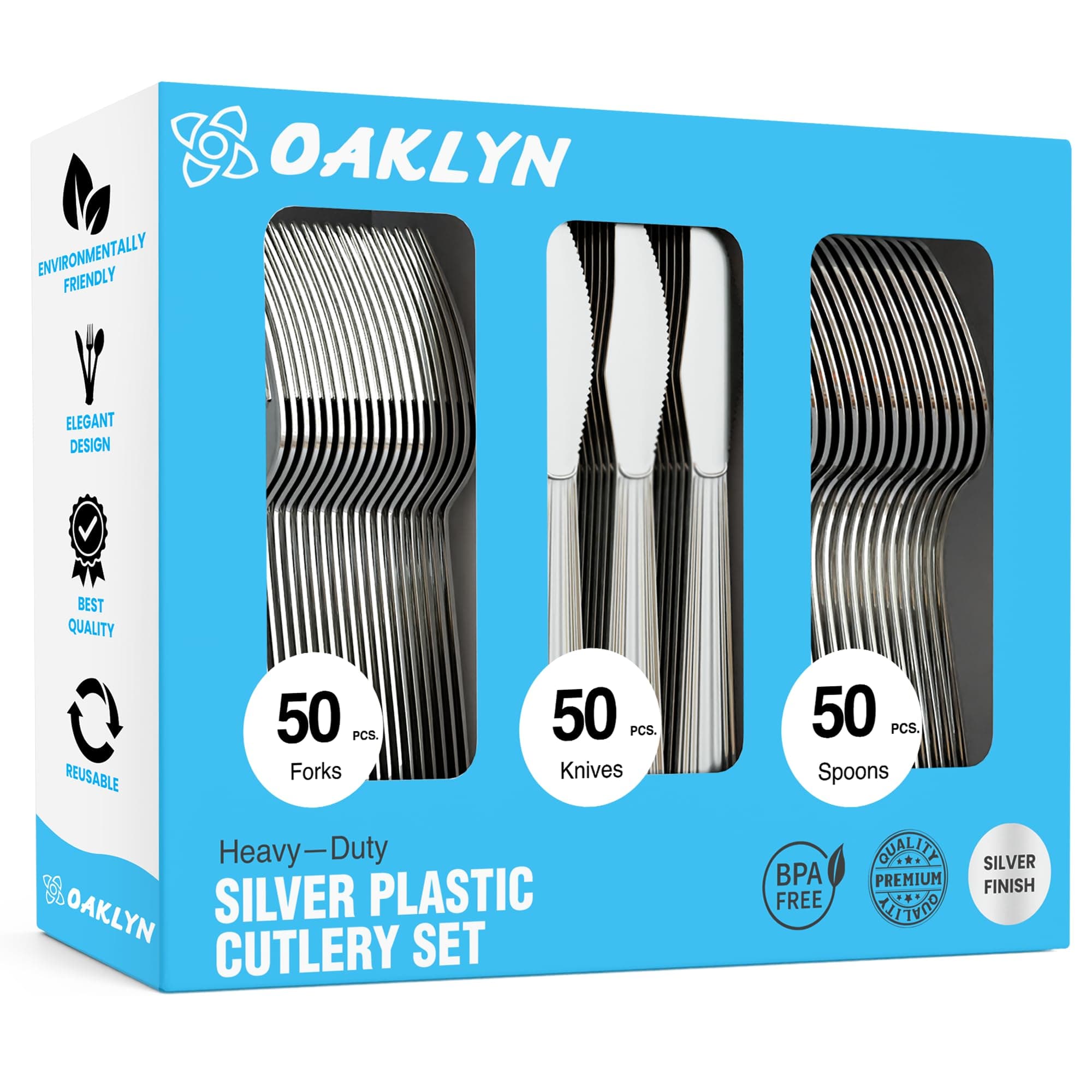 (150 Count) Heavy Duty Silverware Plastic Cutlery Set - 50 Forks 50 Spoons 50 Knives - Kitchen Cutlery Set - Silverware Set - Bulk Reusable Fancy Kitchen Utensils Set