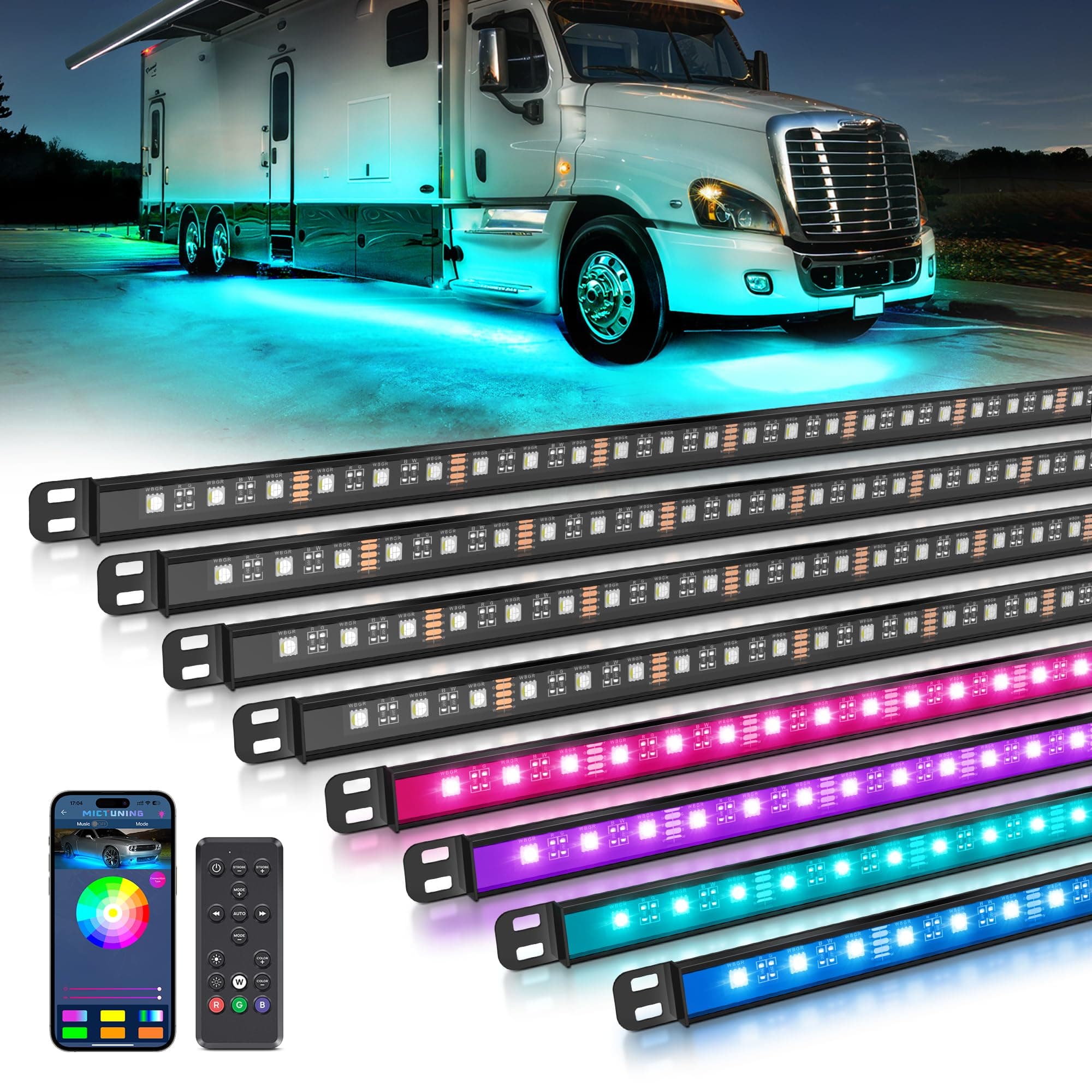 MICTUNING N8 RGBW Underglow Light Bars Specially for RVs, App/Remote Control, Aluminum Housing Waterproof, Exterior Neon Accent Underbody LED Light Strips, w/ 2PCS 11.5FT Extension Cords, 8PCS