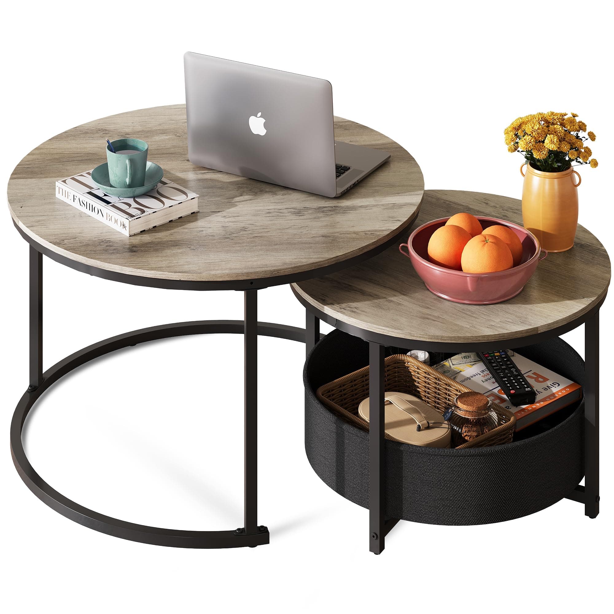 WLIVE Round Coffee Table, 31.5" and 23.6" Small Coffee Tables for Living Room, Nesting Circle Coffee Table Set of 2 with Storage for Apartment, Bedroom, Grey