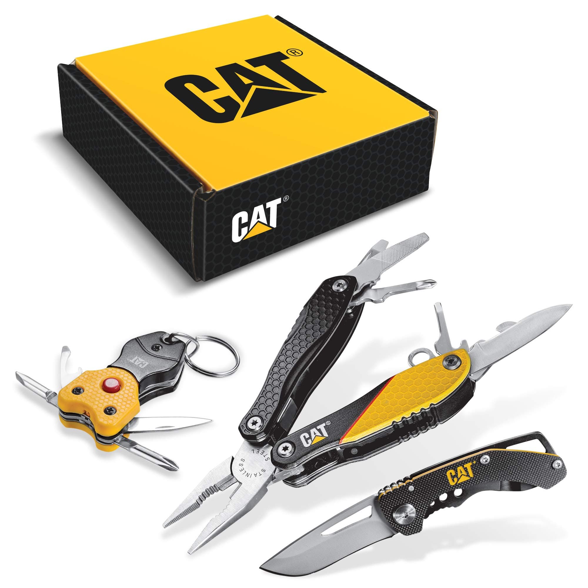 Caterpillar Cat 3 Piece 12-in-1 Multi-Tool, Knife, and Multi-Tool Key Chain Gift Box Set - 240192, Yellow