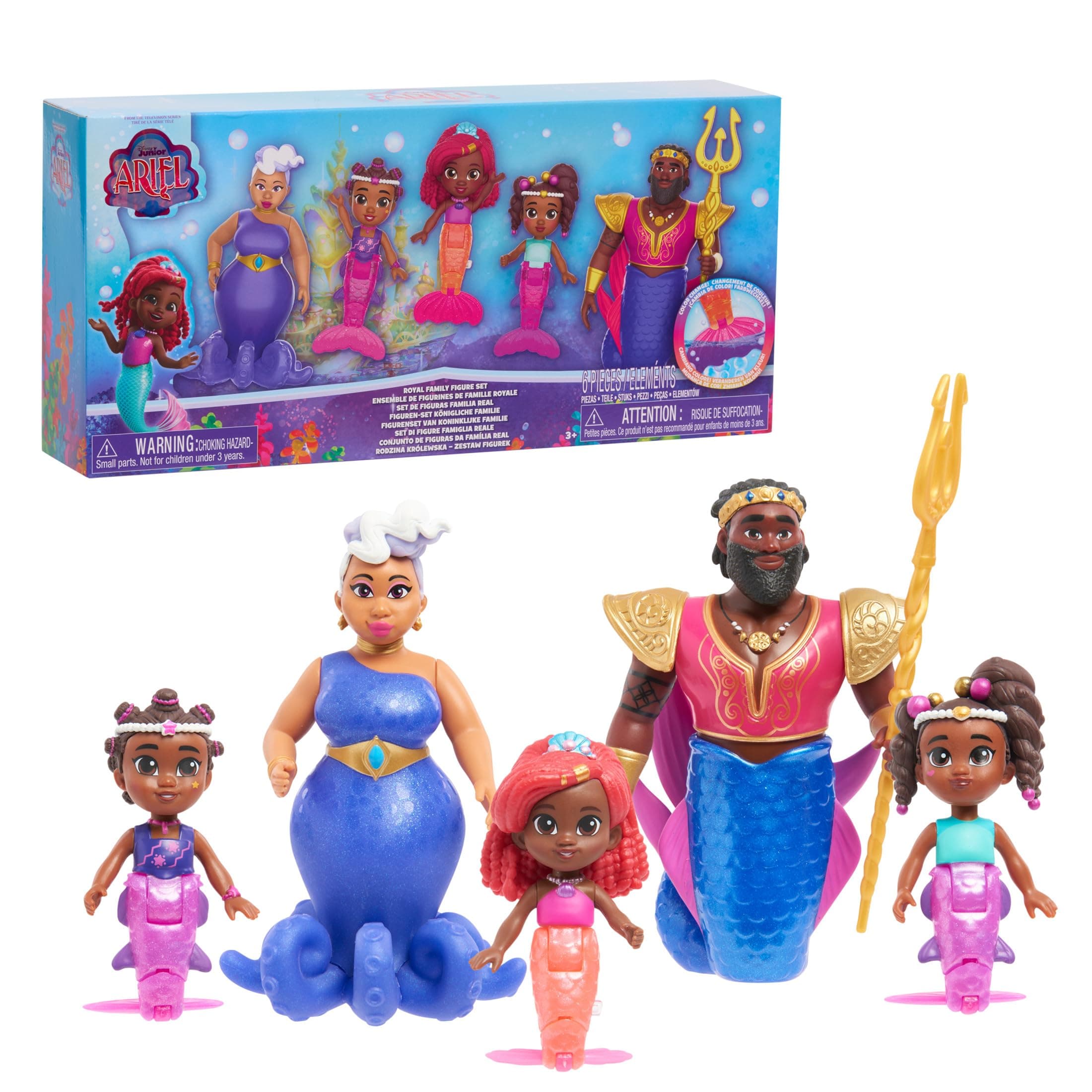 Just Play Disney Junior Ariel Royal Family 6-piece Color-Change Mermaid Figure Set, Kids Toys for Ages 3 Up