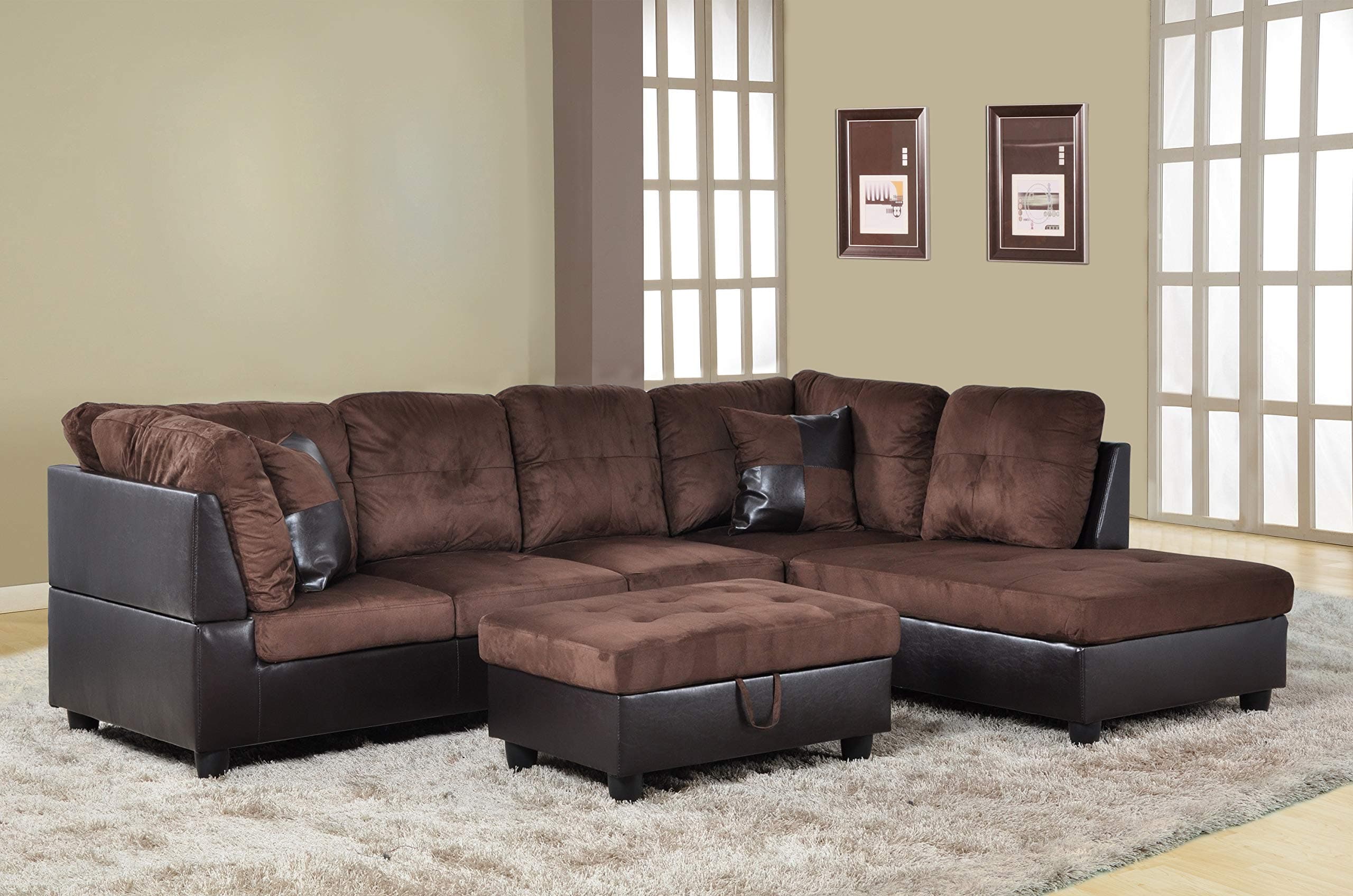 A Ainehome 3 PCS Sectional Sofa Set, L-Shaped Sectional Couch 103" W for Living Room, with Storage Ottoman and Matching Pillows (Right Hand Facing, Chocolate)