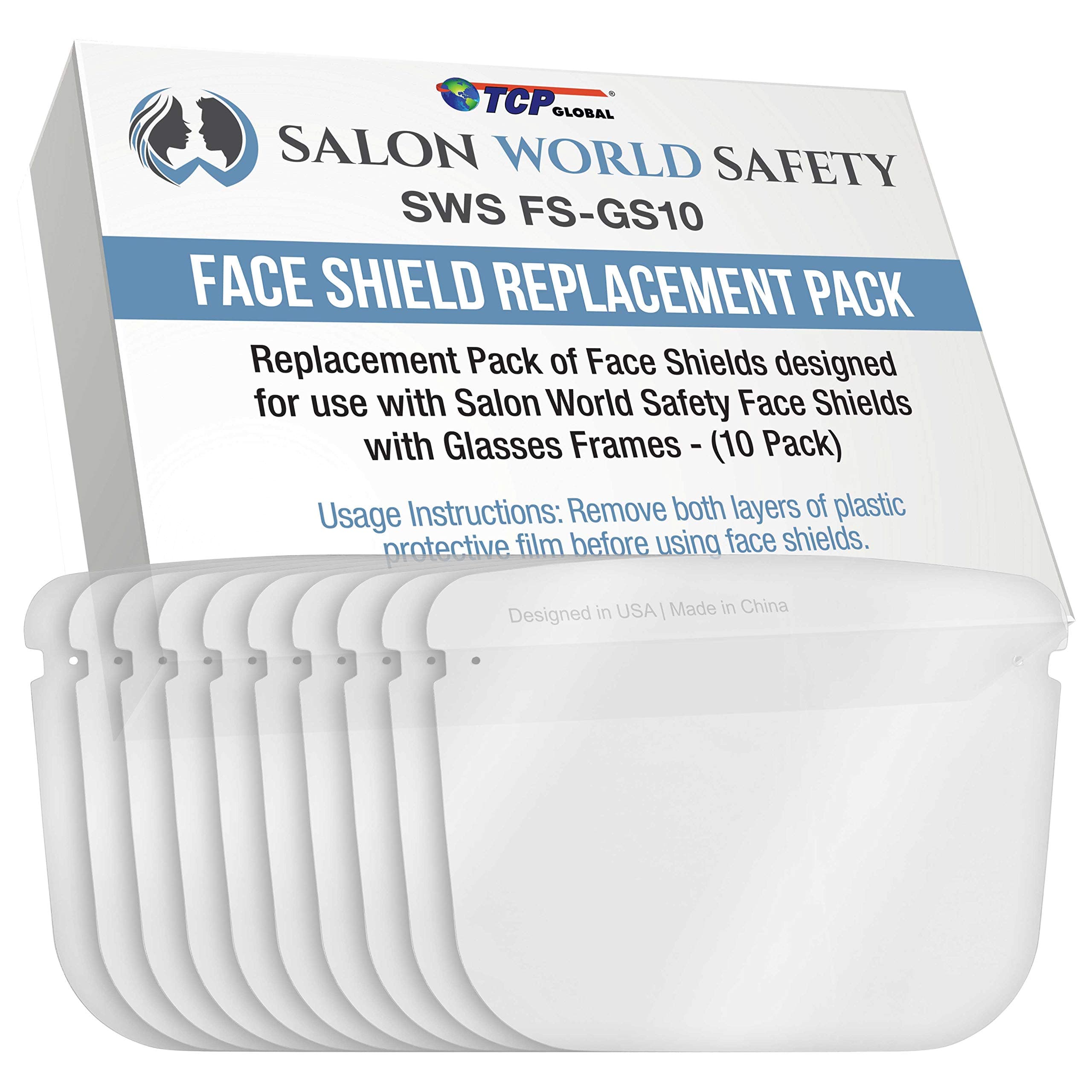 TCP Global Salon World Safety Replacement Face Shields Only (Pack of 10), Glasses Frames Not Included – Fits Most Brands, Ultra Clear, Full Face, Protect Eyes Nose Mouth, Anti-Fog PET Plastic, Goggles