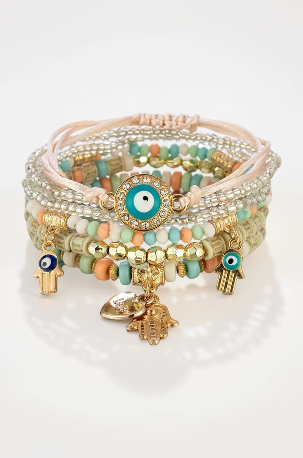 Bohemian Stackable Multilayer Hamsa Hand Evil Eye Lucky Protection Bracelets Multicolor Crystal Charm Beaded Bracelet for Women Girls