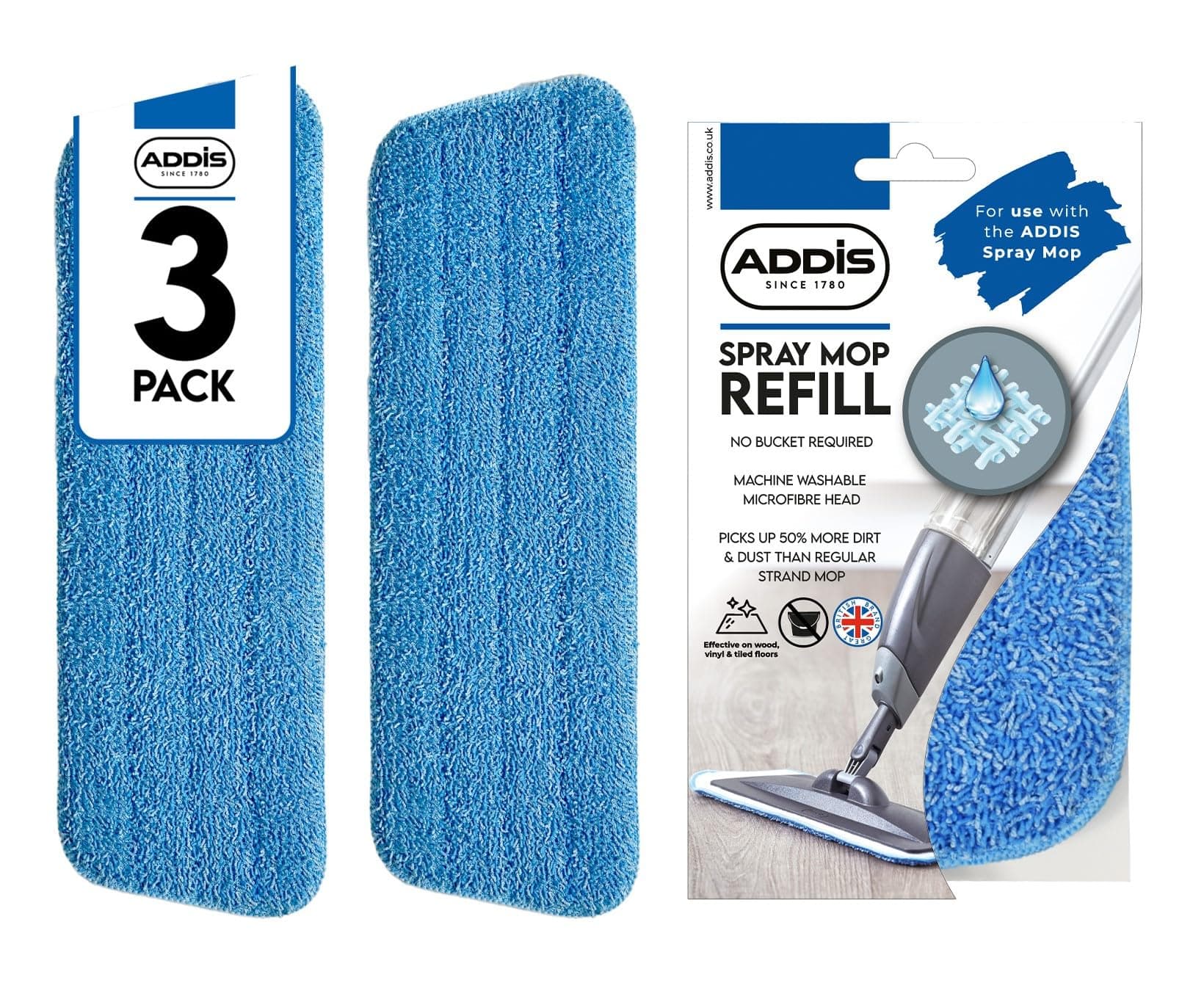 Replacement Heads Pads, Blue, Spray Mop Refill Pack of 3, 41 x 14cm