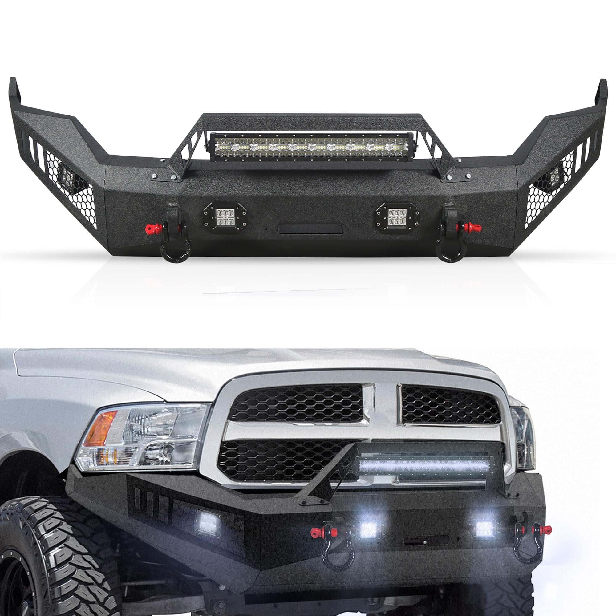 Off Road Front Bumper Fits for RAM 1500 2013-2018, Full Width Front Bumper 5 Lights D-Rings, Bull Bar Built-in Winch Plate Heavy Duty Steel, Textured Black Steel Bumper