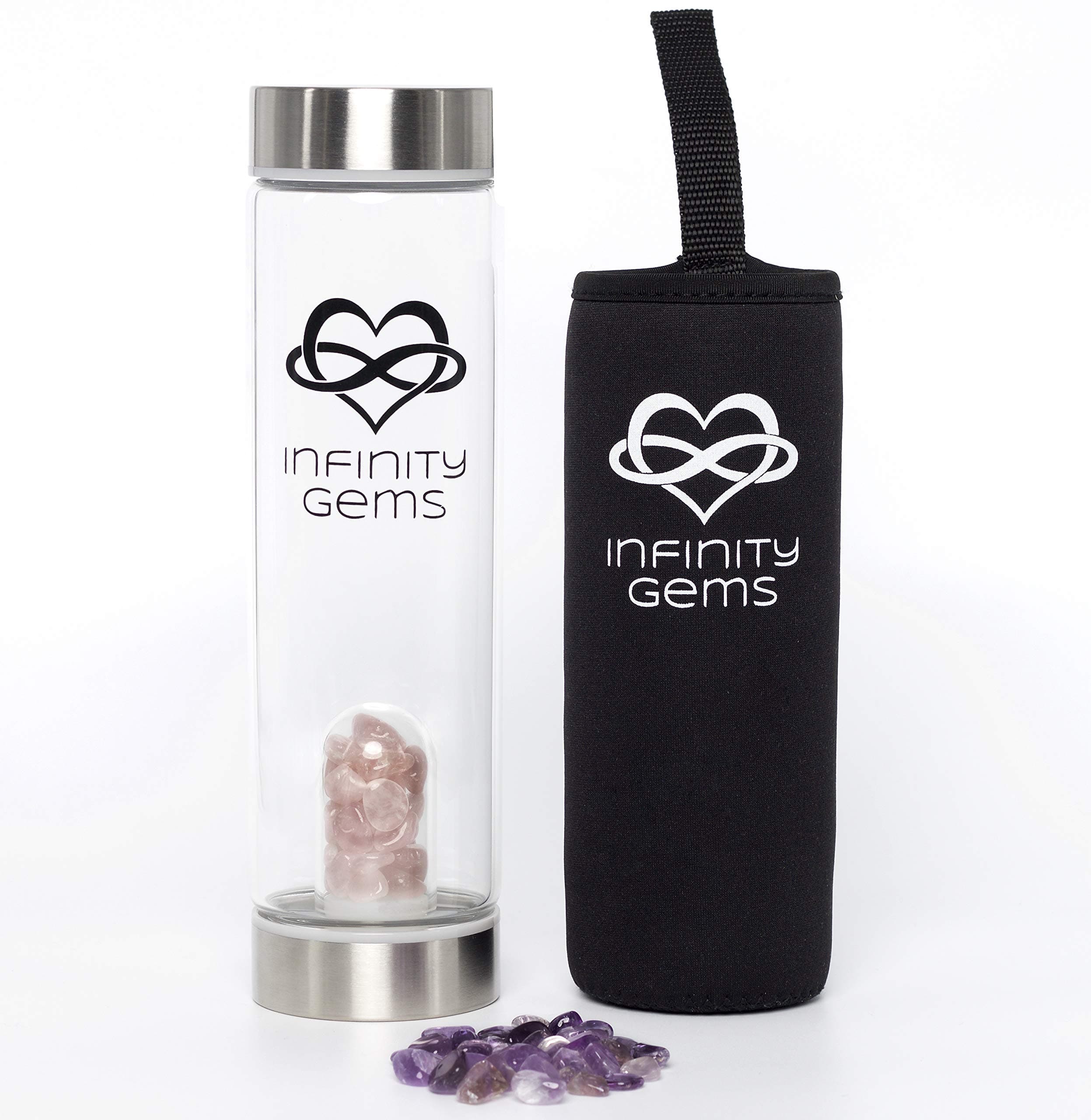 Infinity Gems Crystal Water Bottle For Crystal Elixir Water + Rose Quartz & Amethyst, Approved BPA Free Heat Resilient Glass Crystal Infused Water Bottle for Healing Crystal Elixir Water