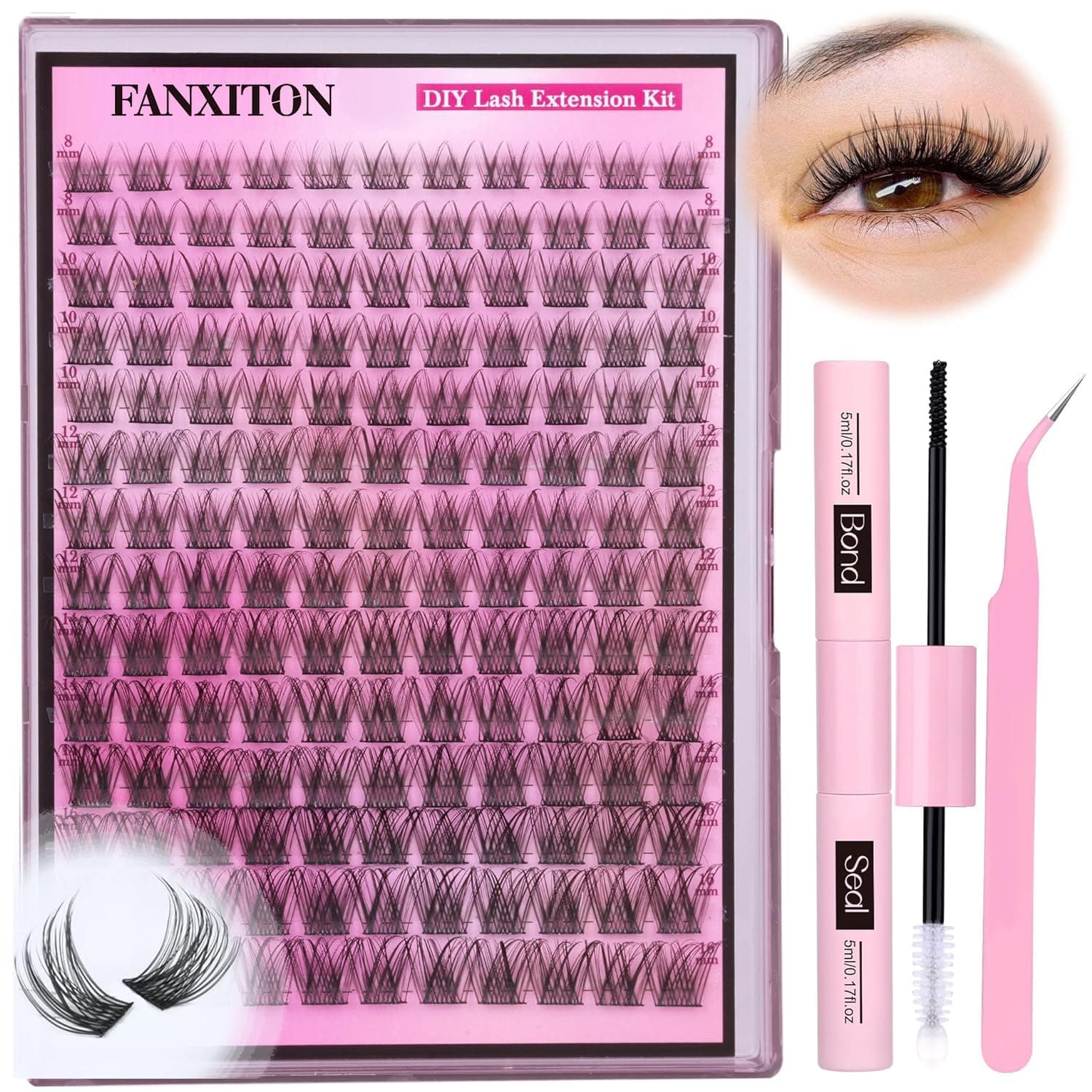 DIY Lash Extension Kit Natural Look Wispy Lash Clusters D 154 pcs Lashes Clusters 8-16 mm Eyelash Extension Kit Lash Bond and Seal Lash Tweezers Individual Lashes Lash Cluster Kit For Beginners
